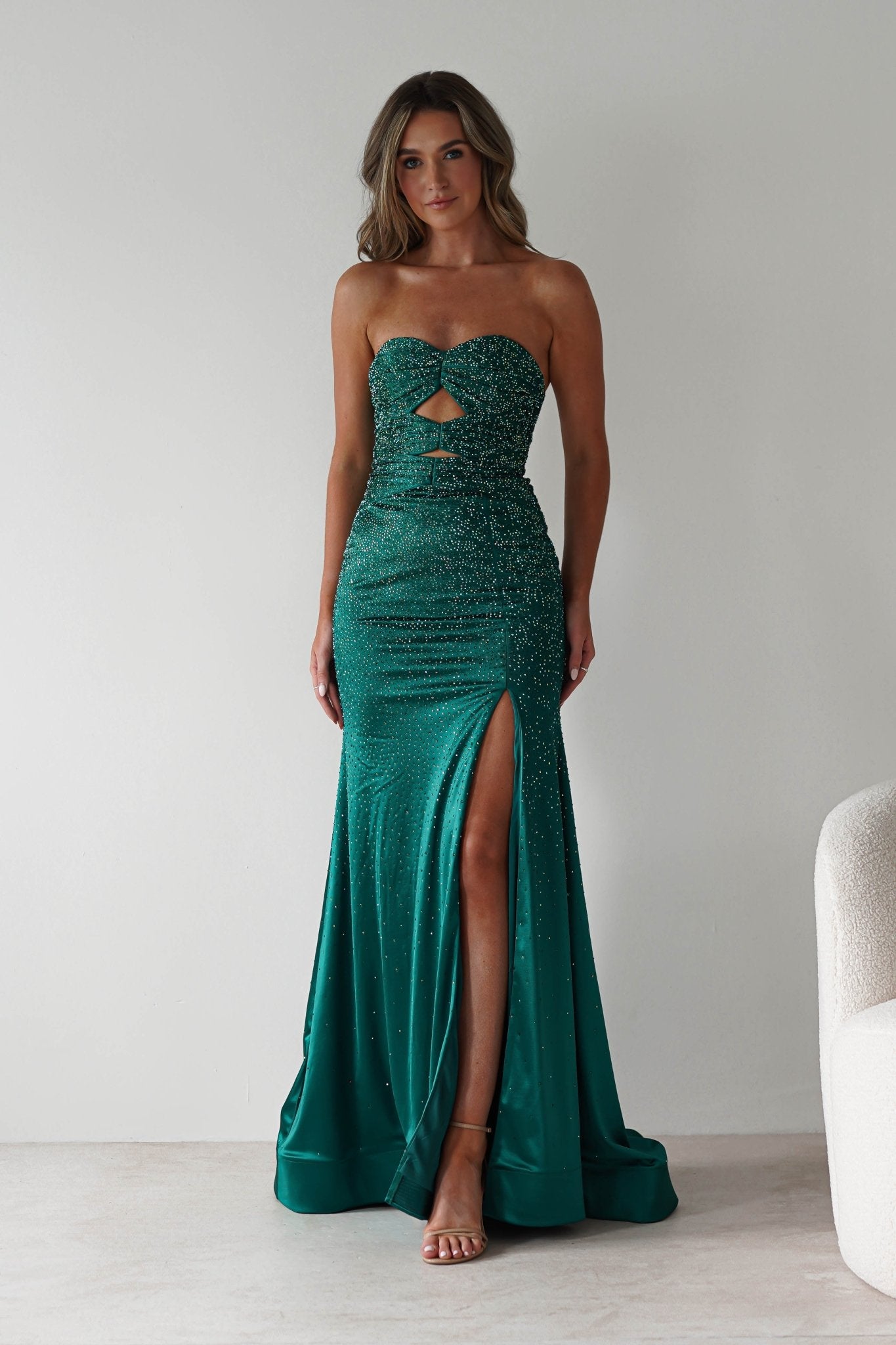 Zohra Cut Out Strapless Rhinestone Gown | Emerald | Oh Hello Clothing | S (8)