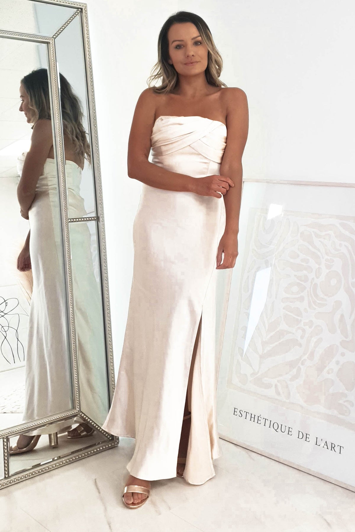 Everly Strapless Satin Midi Dress | Champange-Oh Hello Clothing