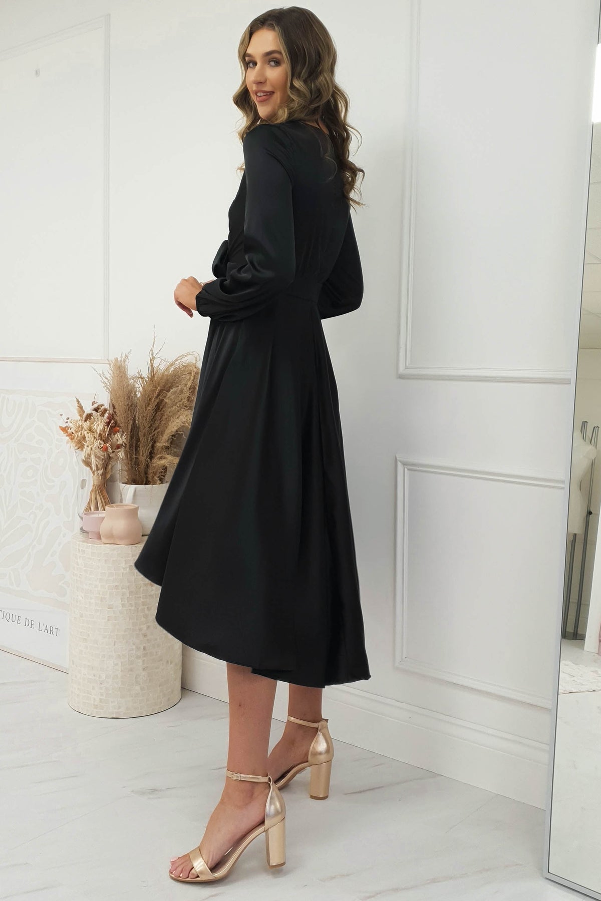 Nicola Satin Tie Front Midi Dress | Black-Oh Hello Clothing