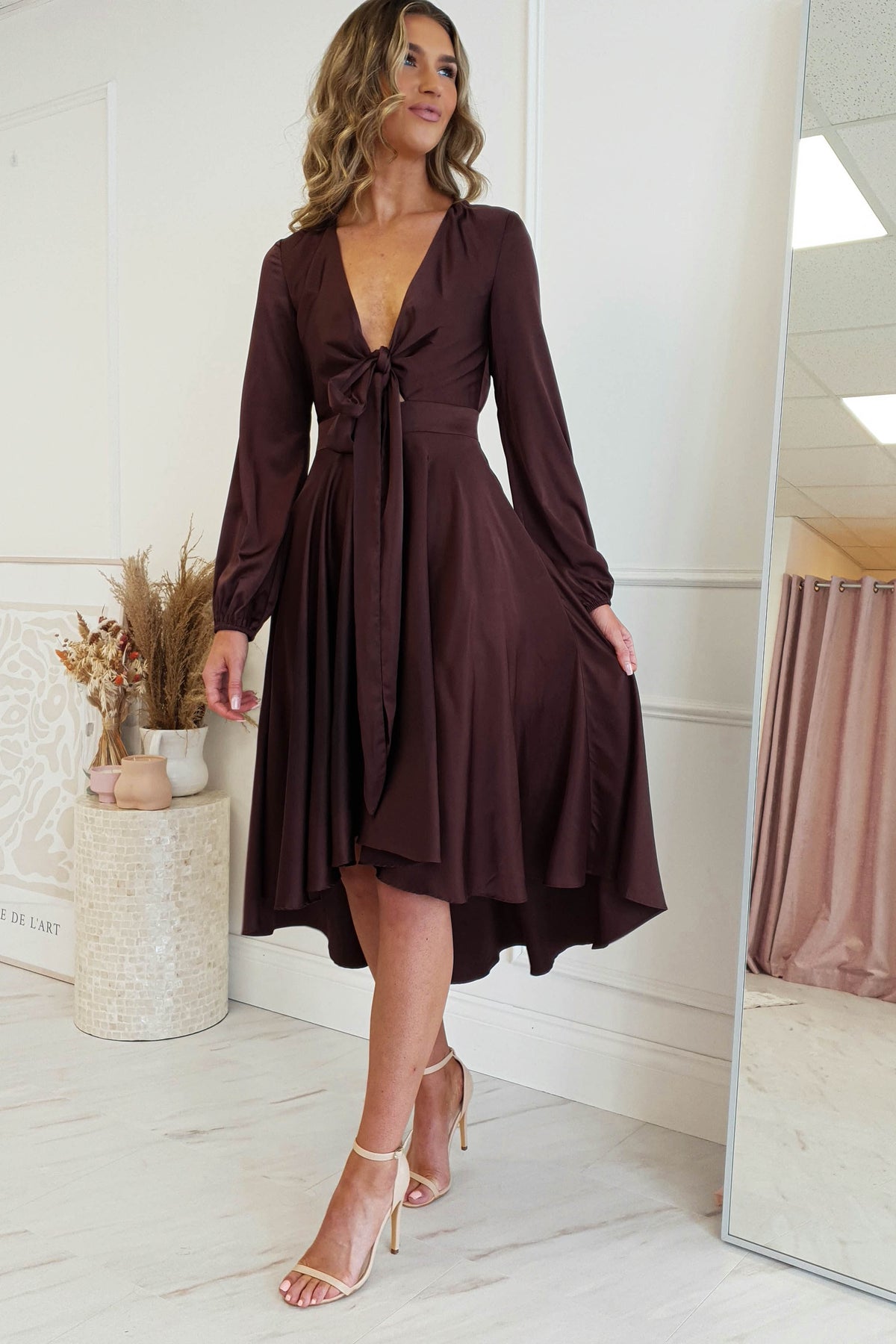 Nicola Satin Tie Front Midi Dress | Chocolate-Oh Hello Clothing