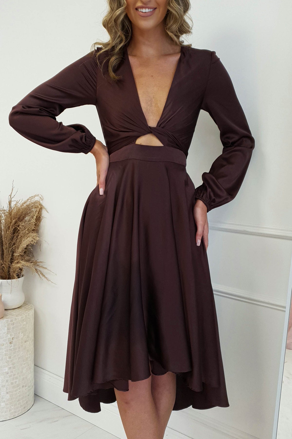Nicola Satin Tie Front Midi Dress | Chocolate-Oh Hello Clothing