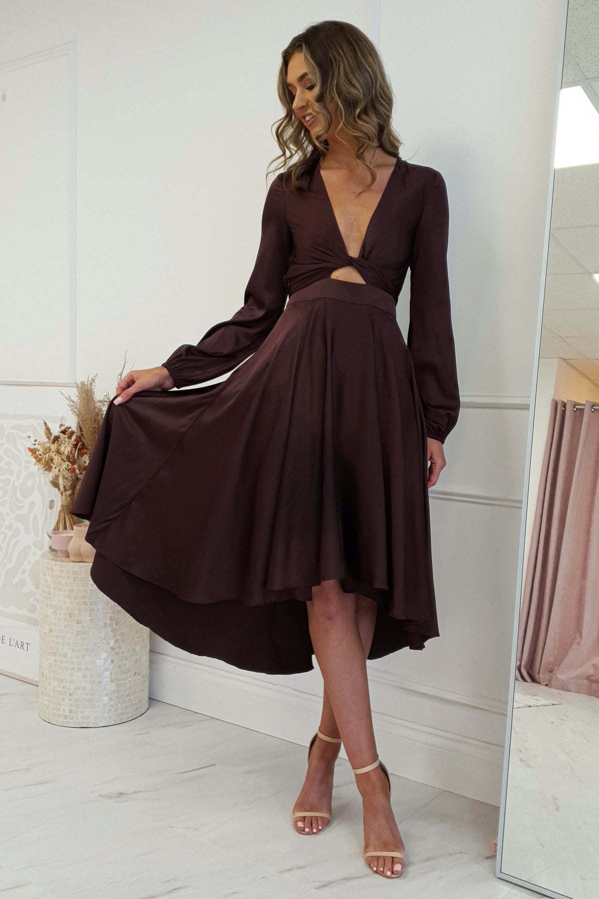 Nicola Satin Tie Front Midi Dress | Chocolate-Oh Hello Clothing