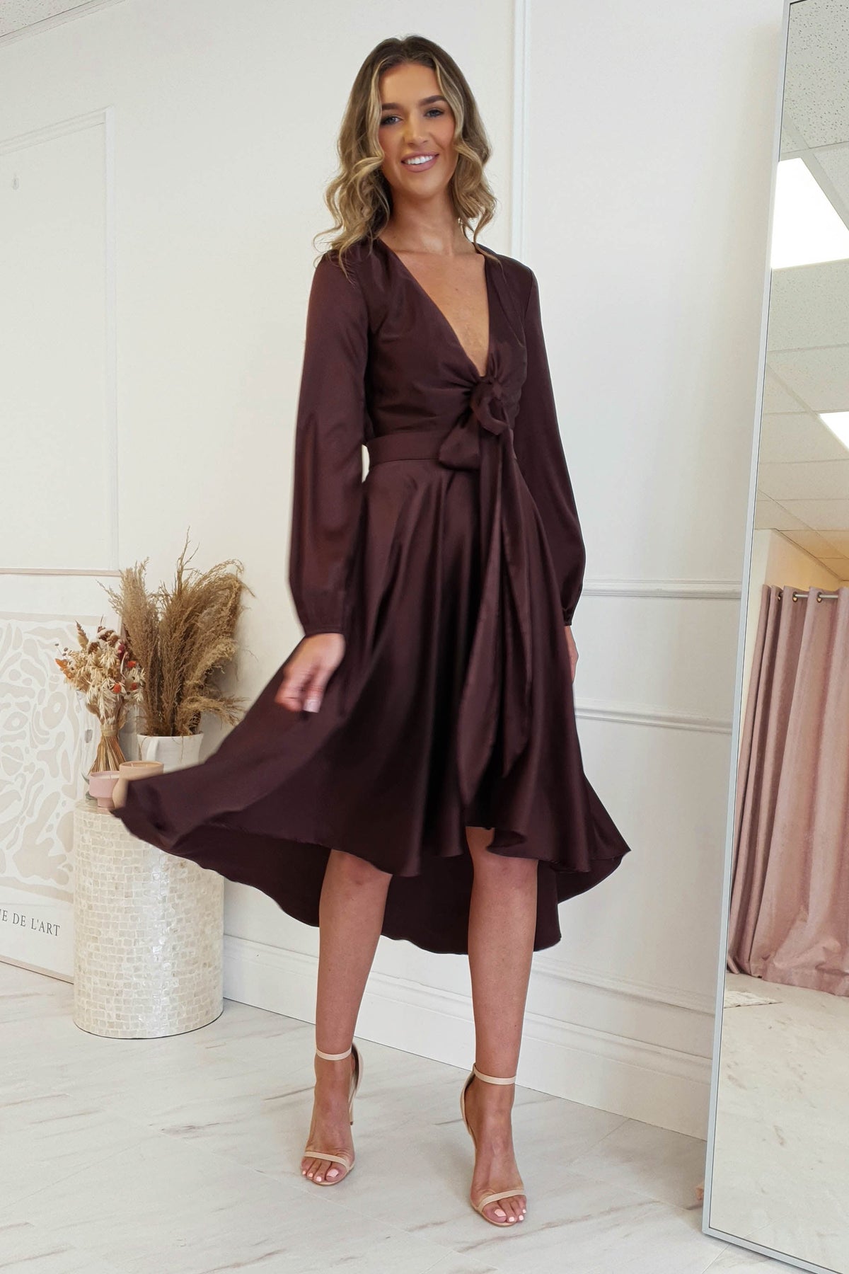 Nicola Satin Tie Front Midi Dress | Chocolate-Oh Hello Clothing