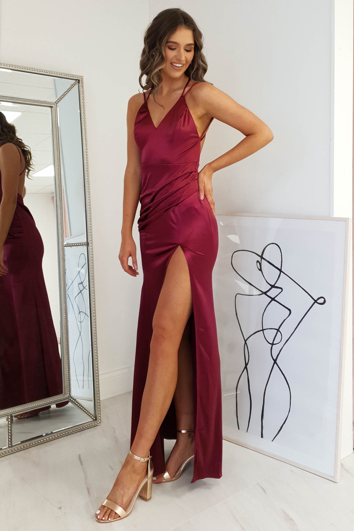 Simone Satin Gown | Burgundy-Oh Hello Clothing