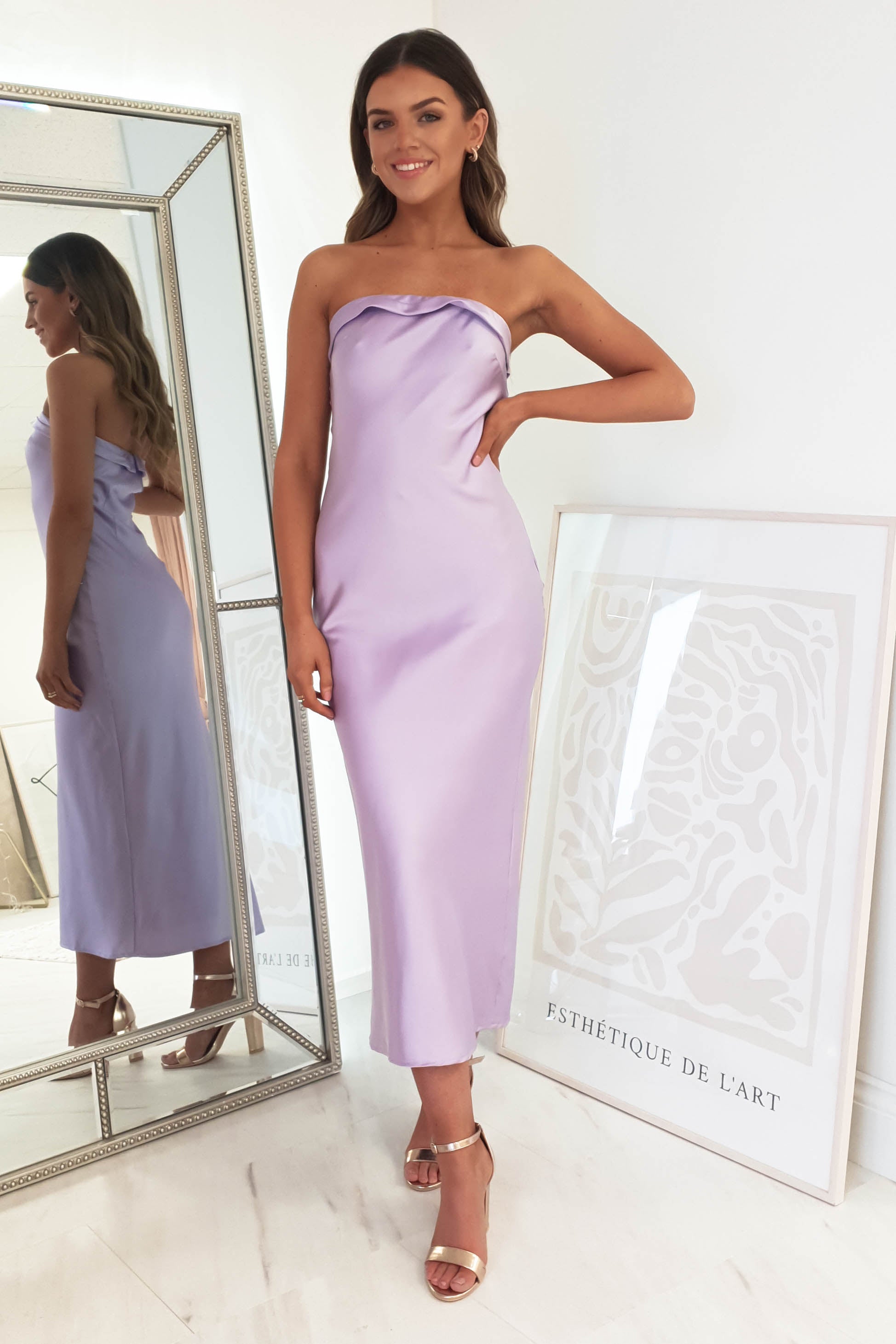 Allegra Strapless Satin Midi Dress | Lilac | Oh Hello Clothing | XS (6)