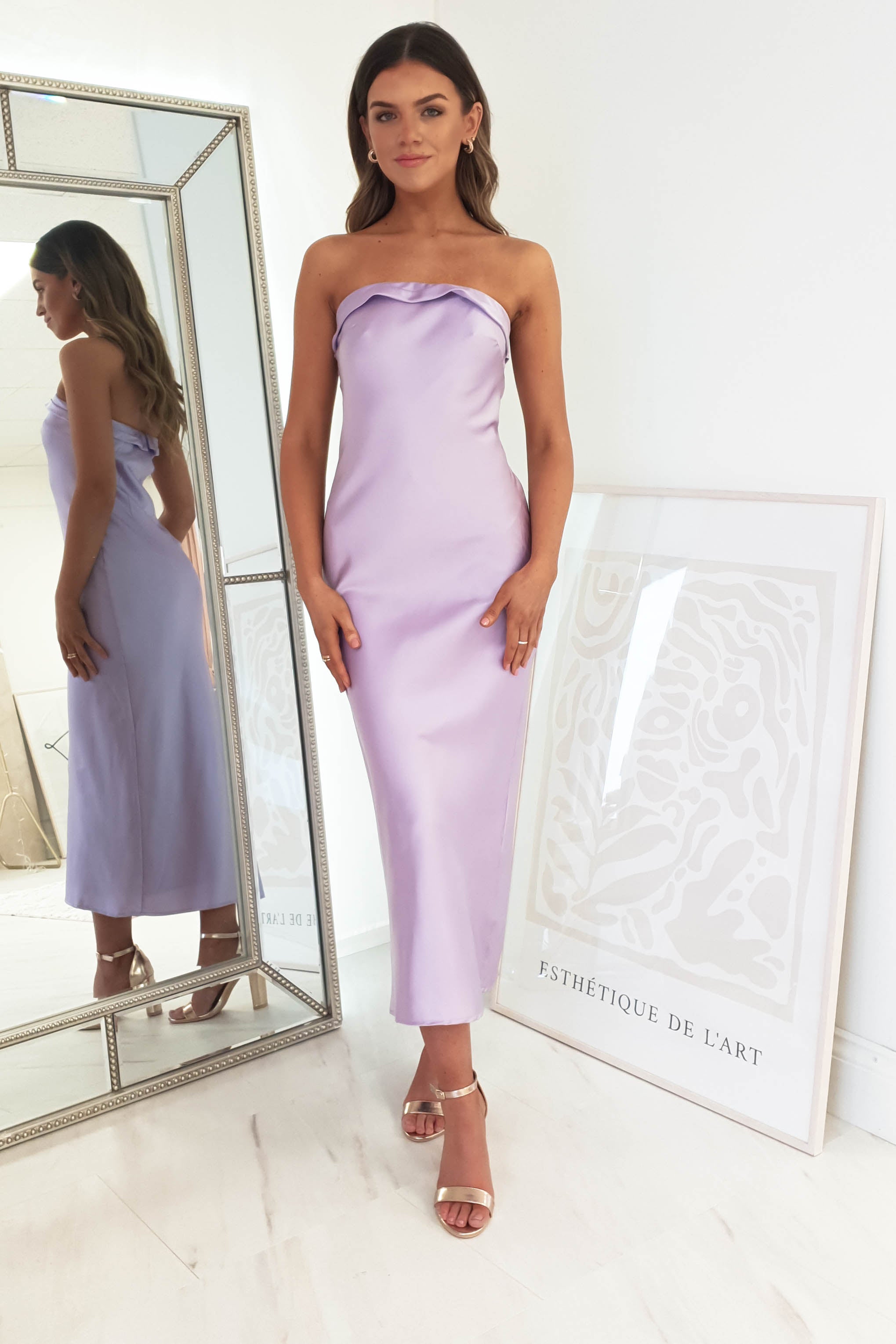 Allegra Strapless Satin Midi Dress | Lilac | Oh Hello Clothing | XS (6)