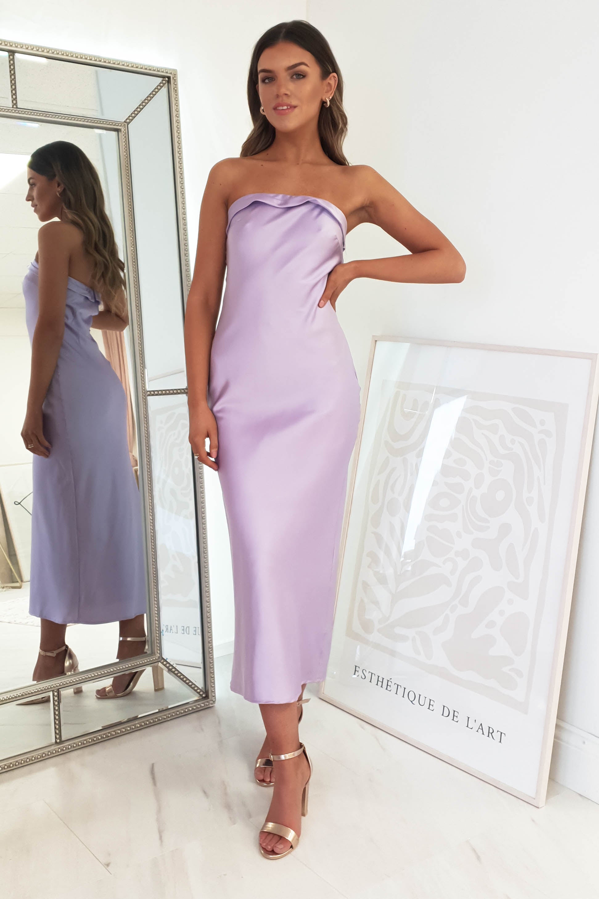Allegra Strapless Satin Midi Dress | Lilac | Oh Hello Clothing | XS (6)
