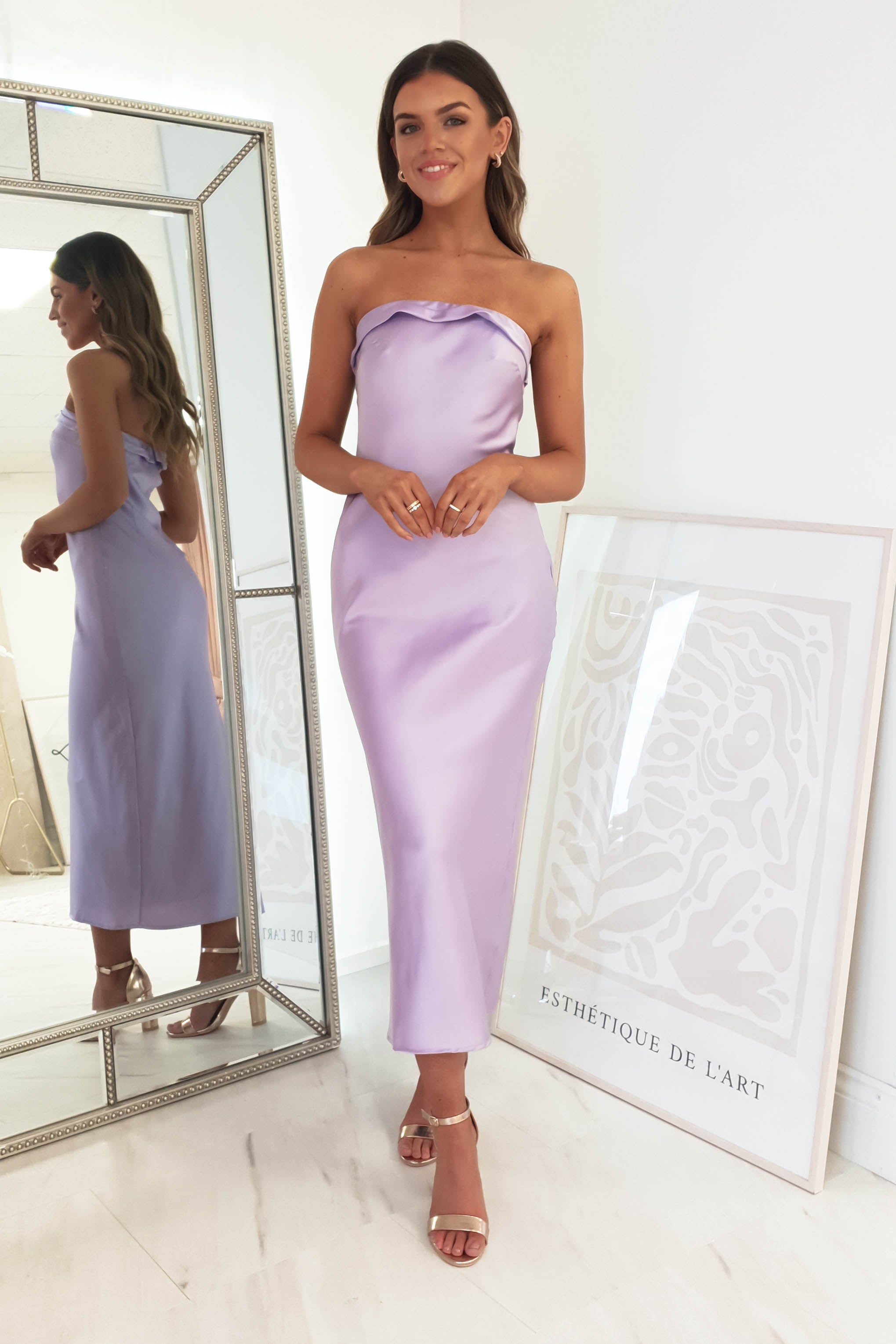 Allegra Strapless Satin Midi Dress | Lilac | Oh Hello Clothing | XS (6)