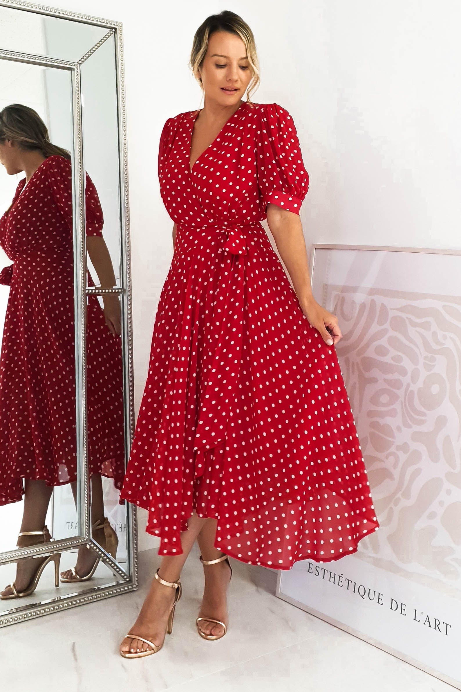 Red polka dot dress maxi Clearance