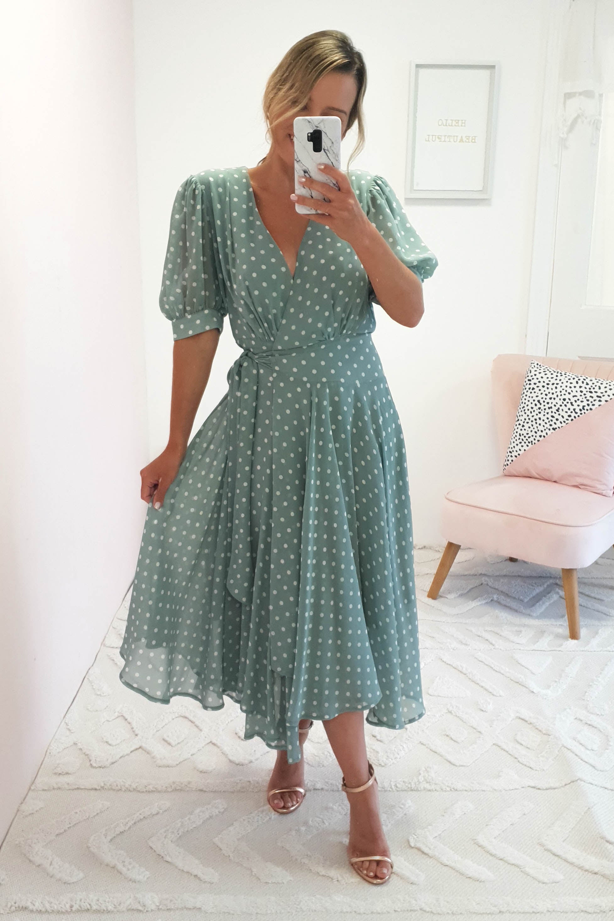 Andrea Polka Dot Midi Dress | Sage | Oh Hello Clothing | XS (6)