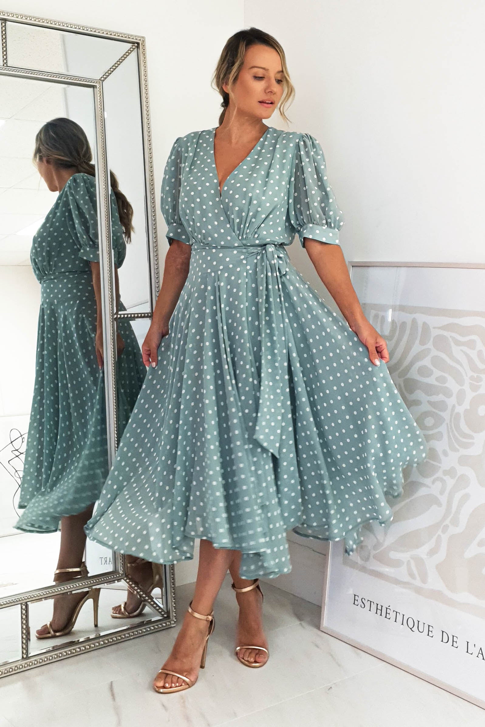 Andrea Polka Dot Midi Dress | Sage | Oh Hello Clothing | XS (6)