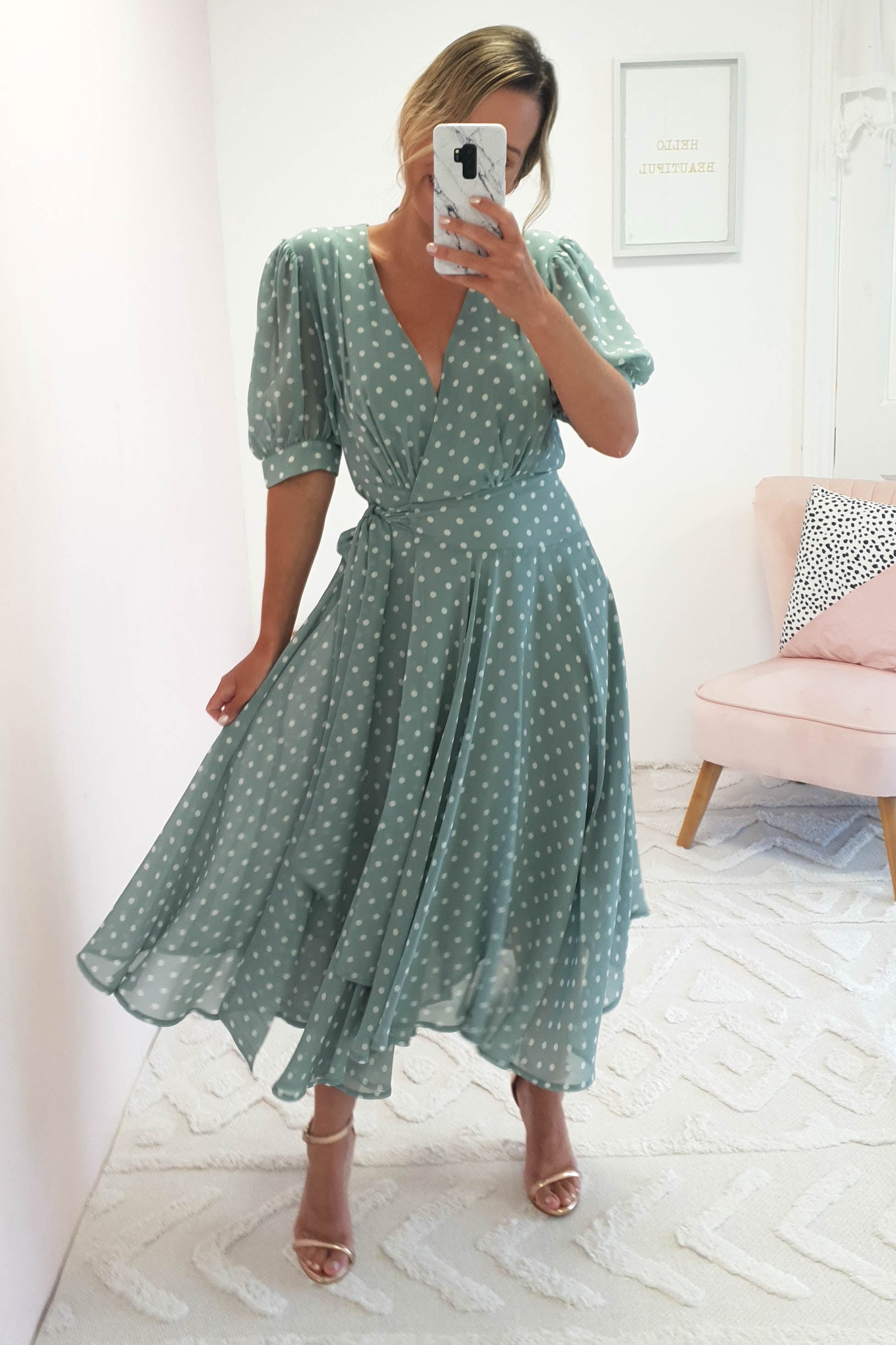 Andrea Polka Dot Midi Dress | Sage | Oh Hello Clothing | XS (6)