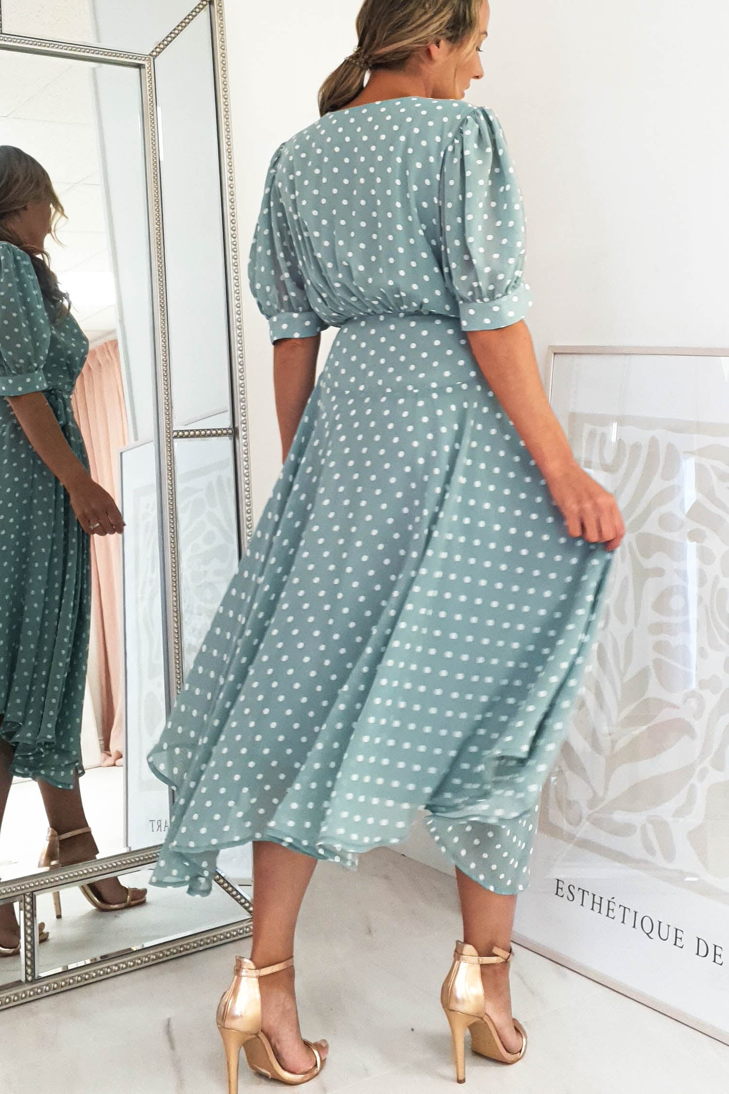 Andrea Polka Dot Midi Dress | Sage | Oh Hello Clothing | XS (6)