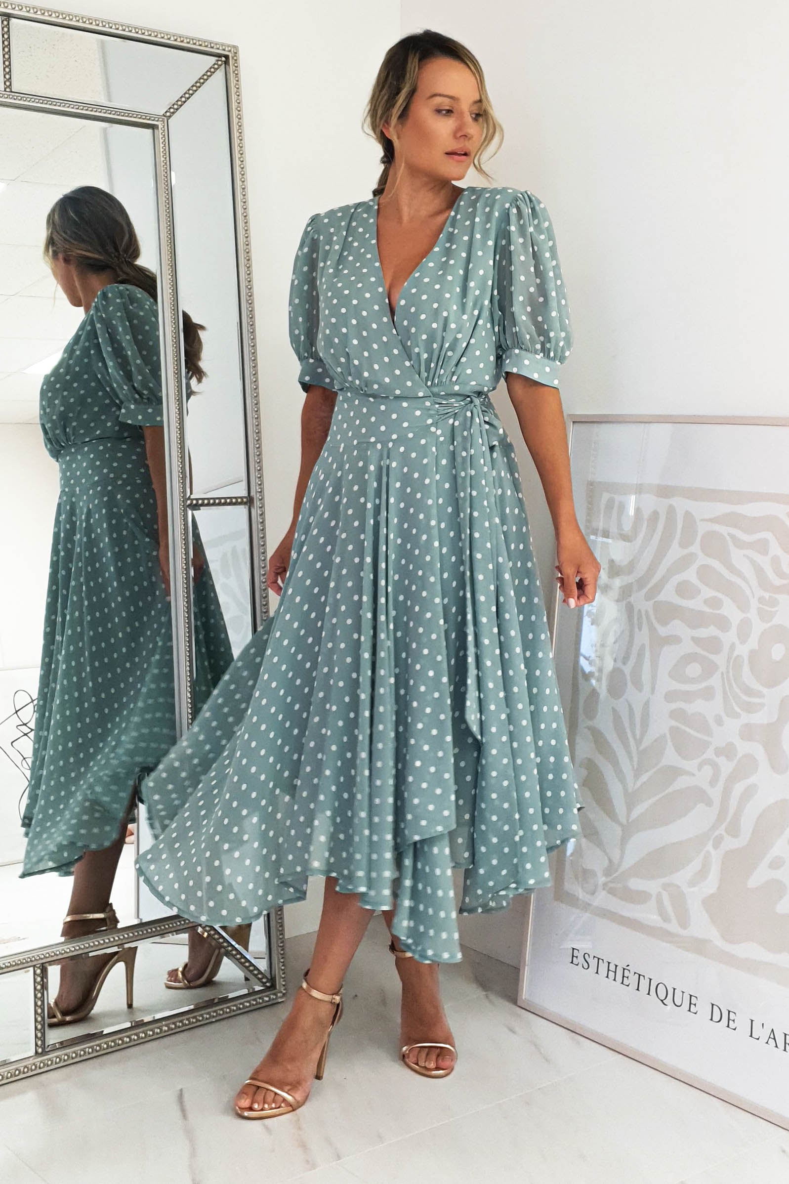 Andrea Polka Dot Midi Dress | Sage | Oh Hello Clothing | XS (6)