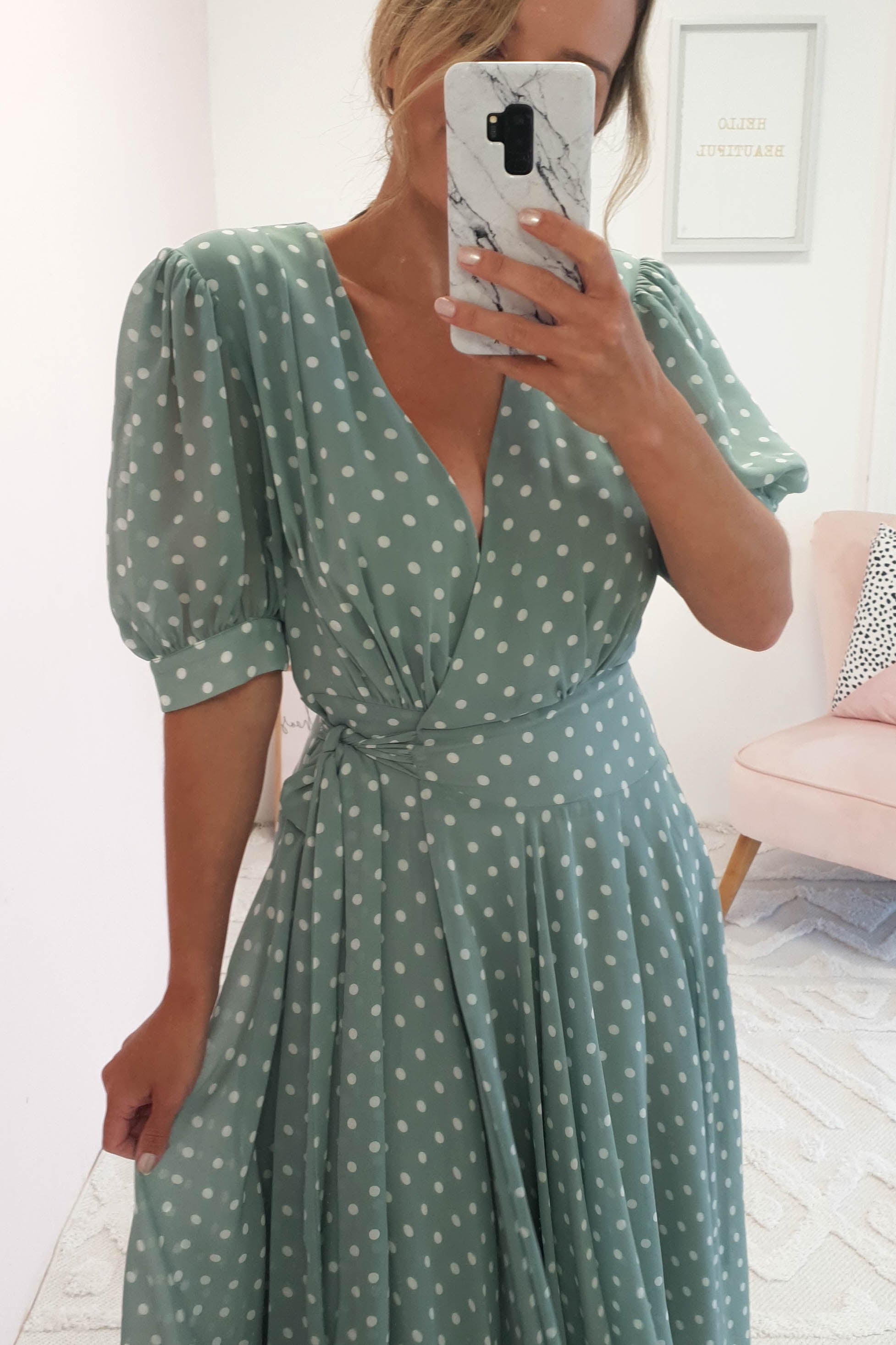 Andrea Polka Dot Midi Dress | Sage | Oh Hello Clothing | XS (6)