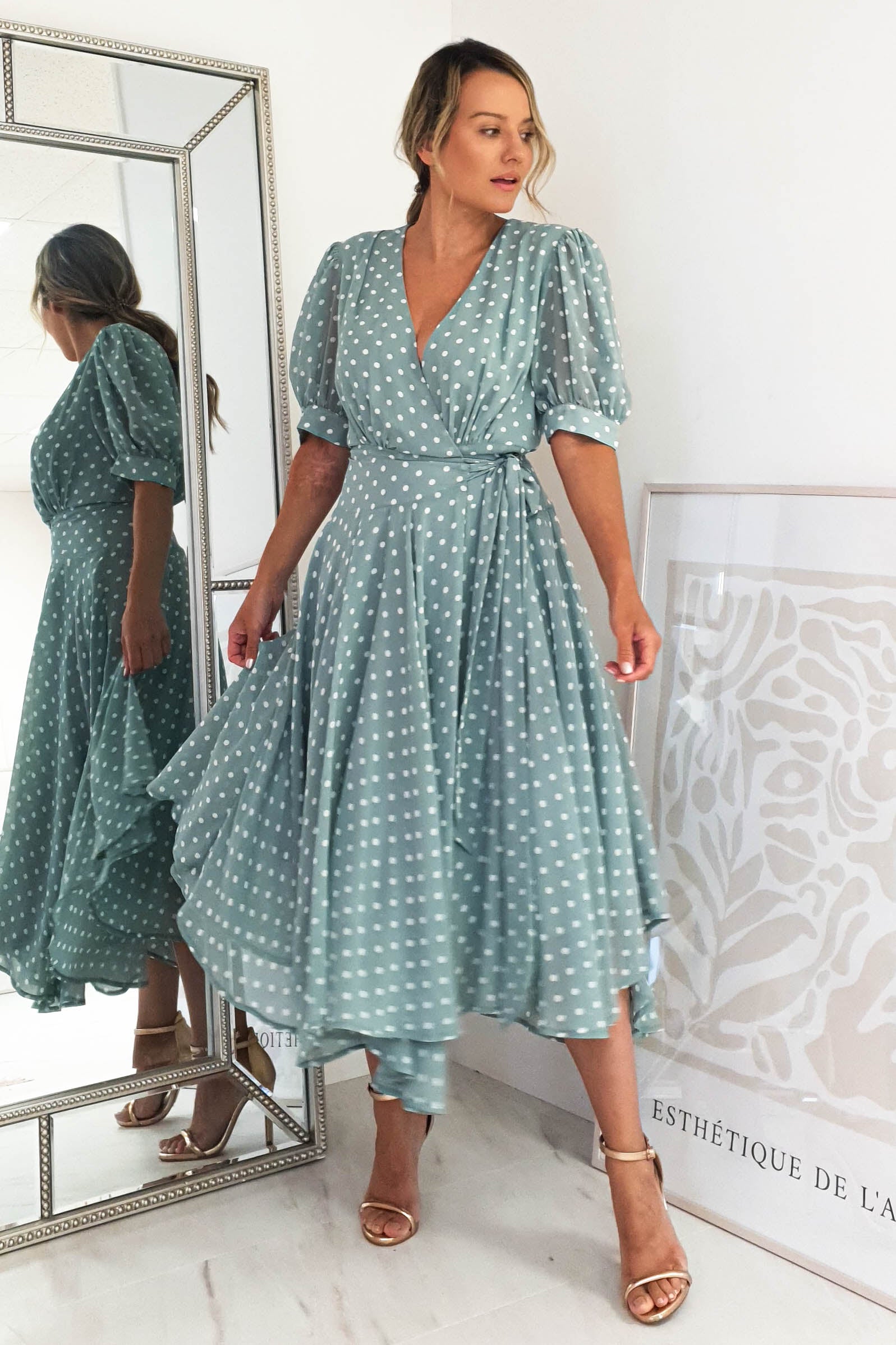 Andrea Polka Dot Midi Dress | Sage | Oh Hello Clothing | XS (6)