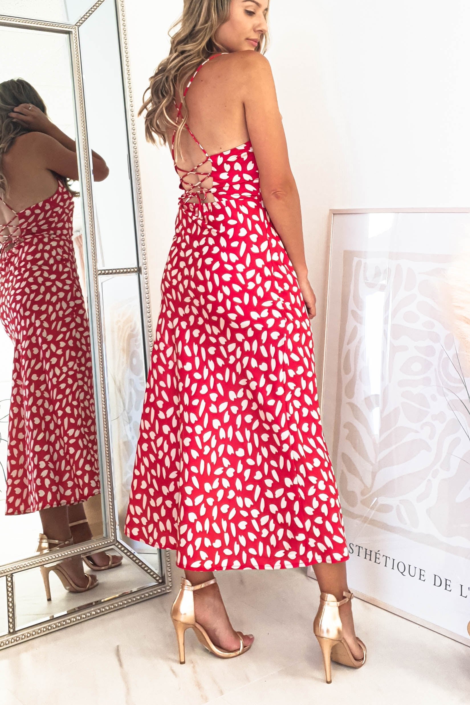 Billy Printed Satin Midi Dress | Red | Oh Hello Clothing | XS (6)