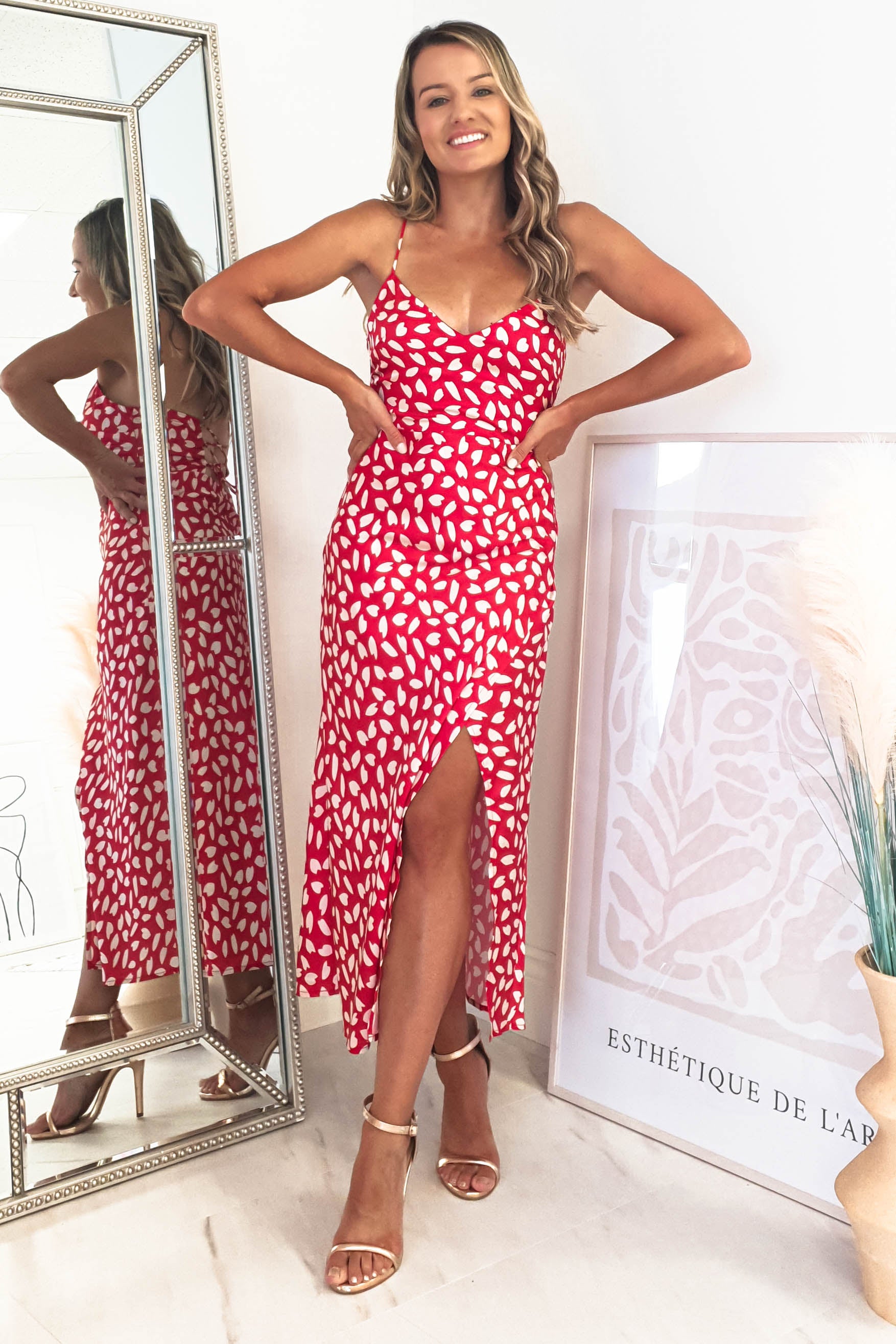 Billy Printed Satin Midi Dress | Red | Oh Hello Clothing | XS (6)