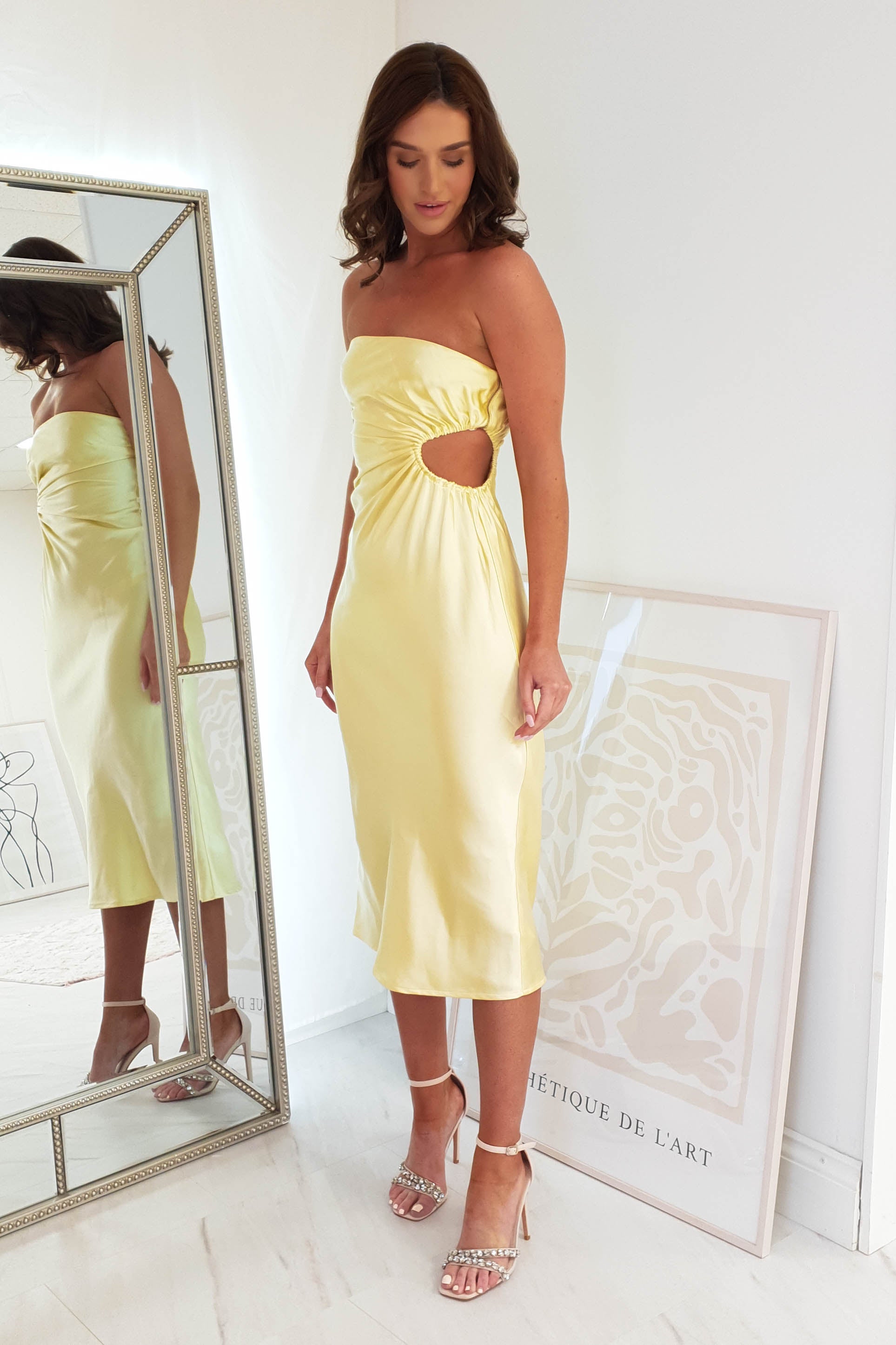 Naomi Satin Strapless Midi Dress | Yellow | Oh Hello Clothing | XS (6)