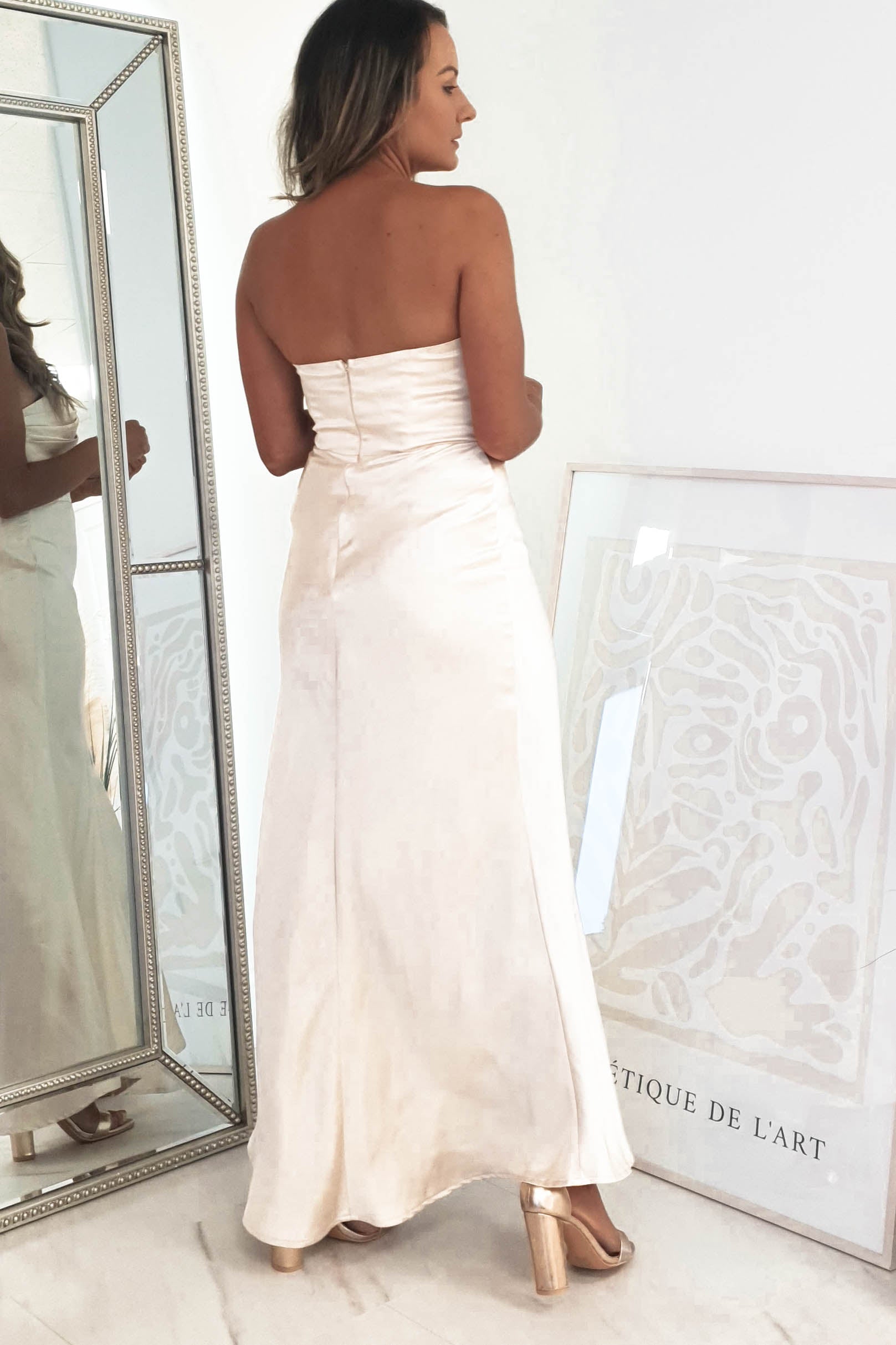 Everly Strapless Satin Midi Dress | Champange | Oh Hello Clothing | 6 (XS)