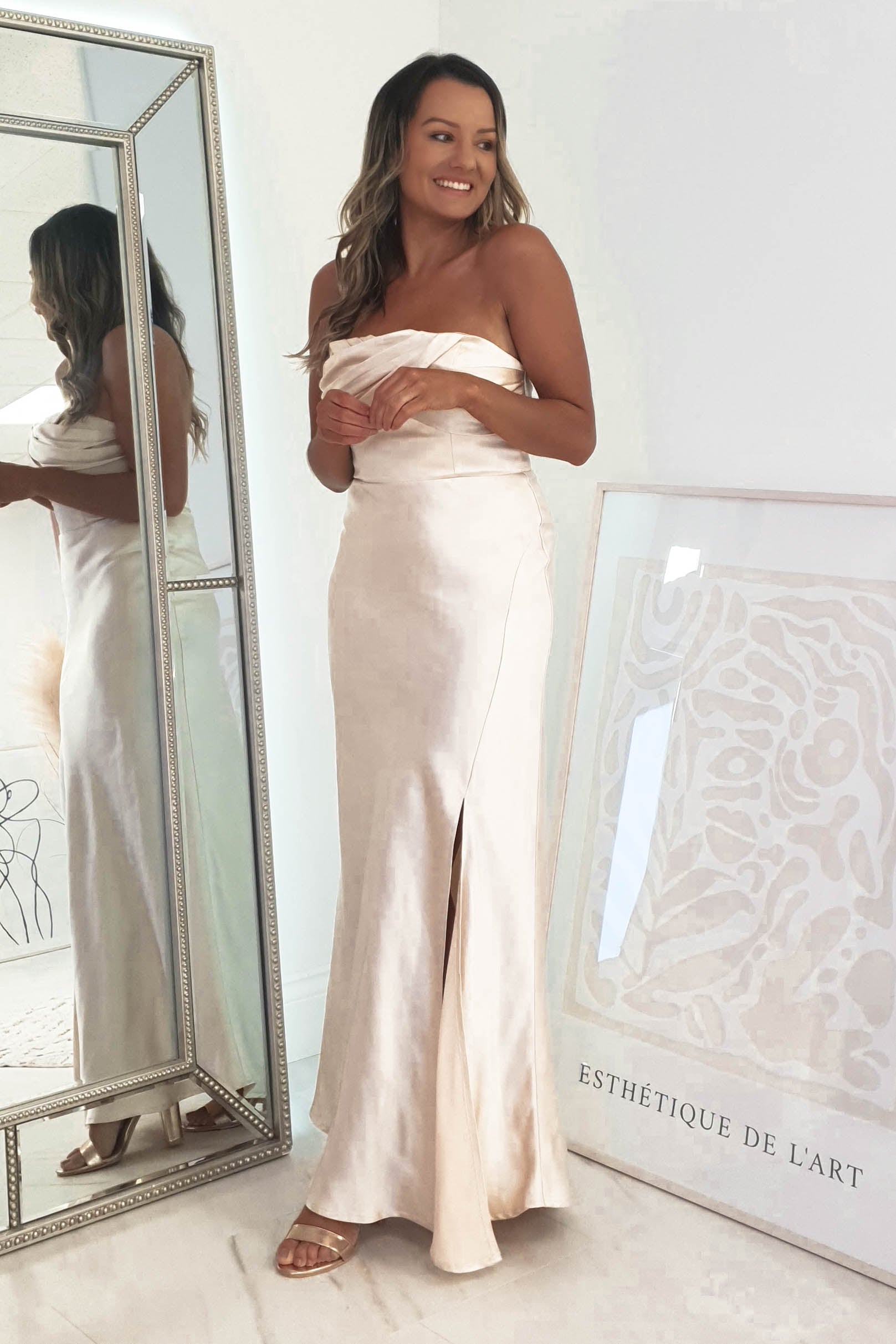 Everly Strapless Satin Midi Dress | Champange | Oh Hello Clothing | 6 (XS)