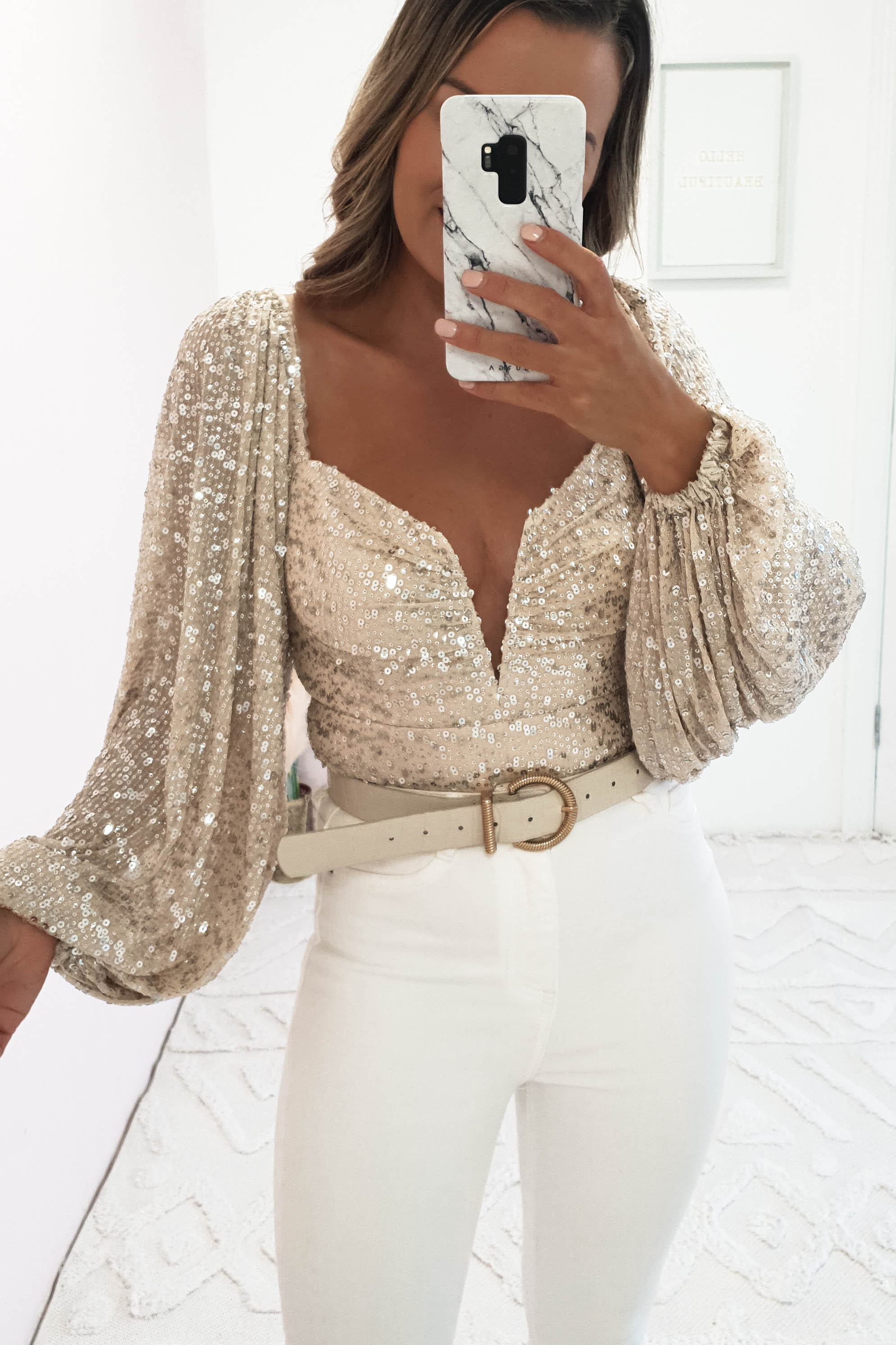Beige lace V neck full sleeves blouse with back detailing