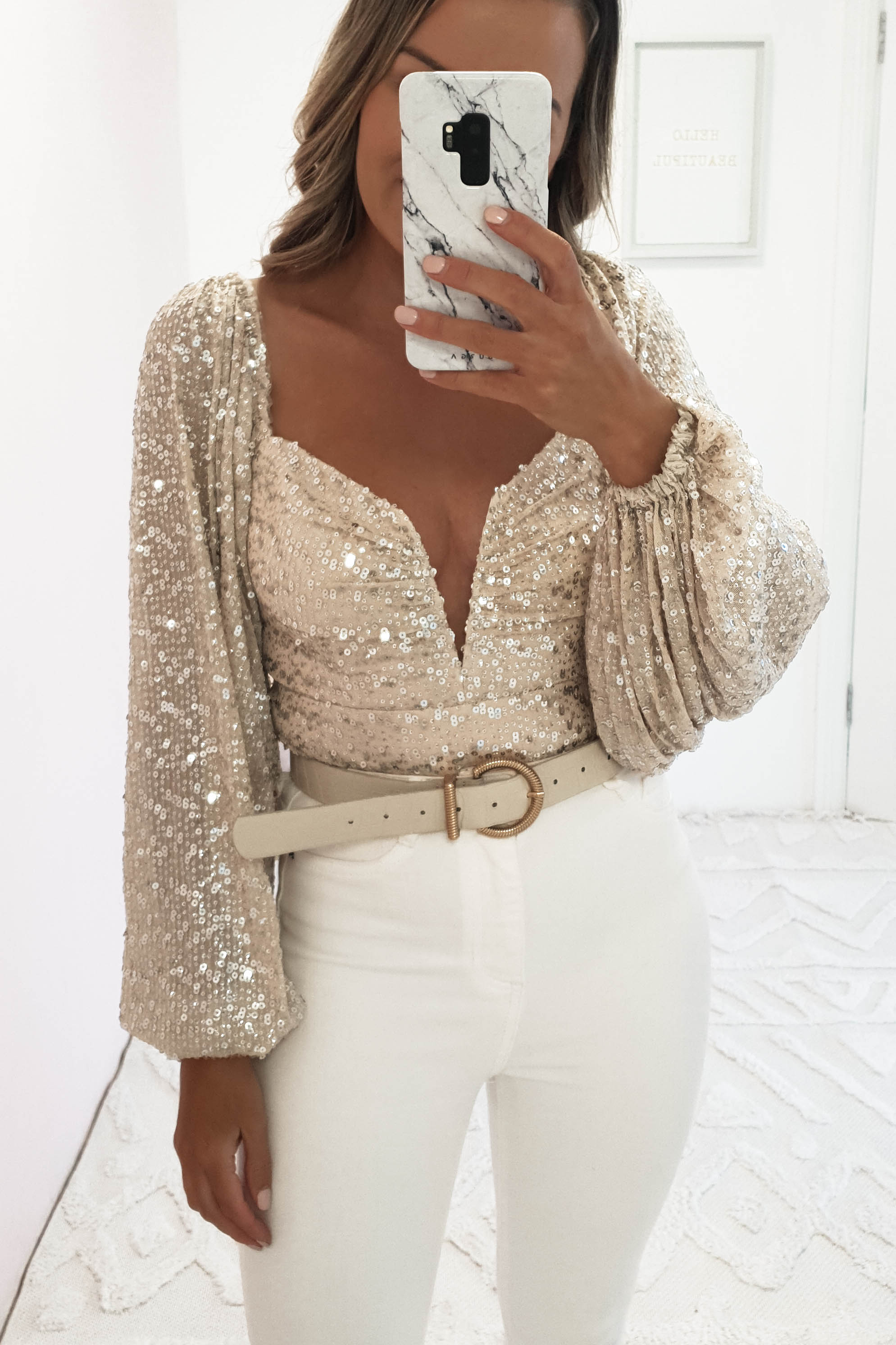 Astria Long Sleeve Sequin Bodysuit Top | Beige