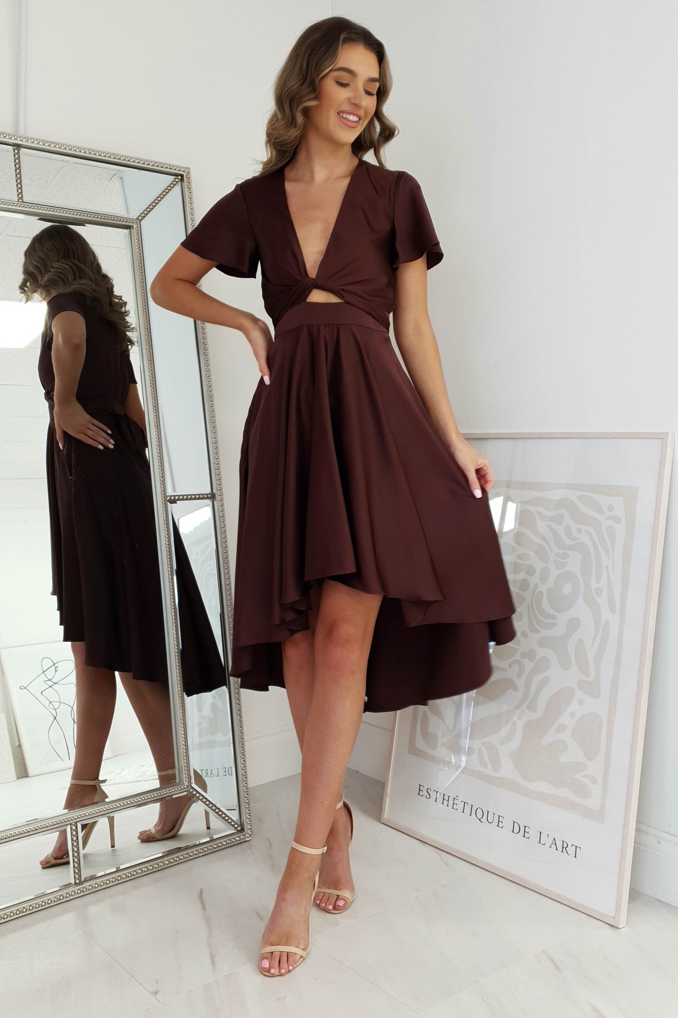 Maleri Satin Midi Dress | Chocolate | Oh Hello Clothing | XS (6)