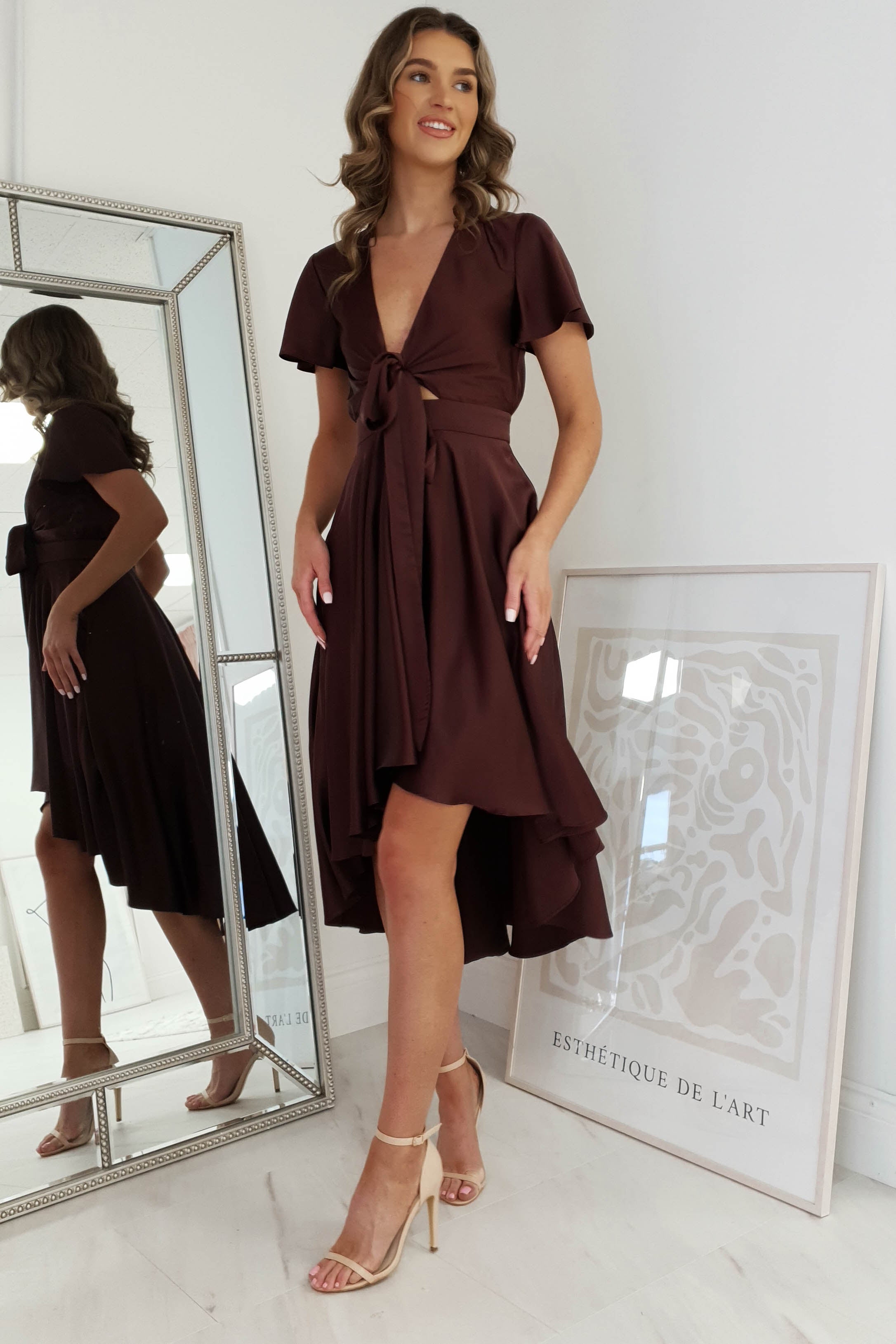 Maleri Satin Midi Dress | Chocolate | Oh Hello Clothing | XS (6)