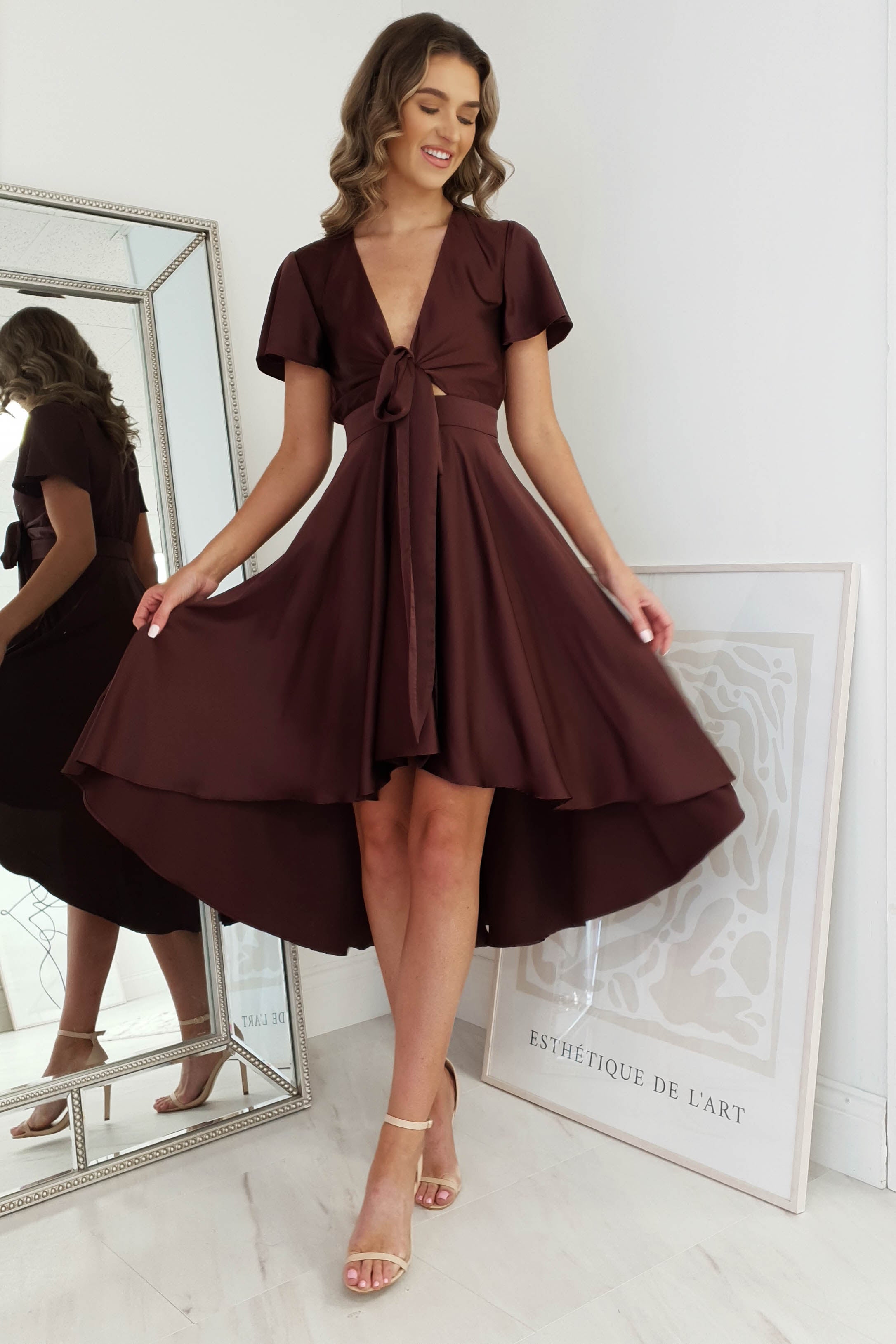 Maleri Satin Midi Dress | Chocolate | Oh Hello Clothing | XS (6)