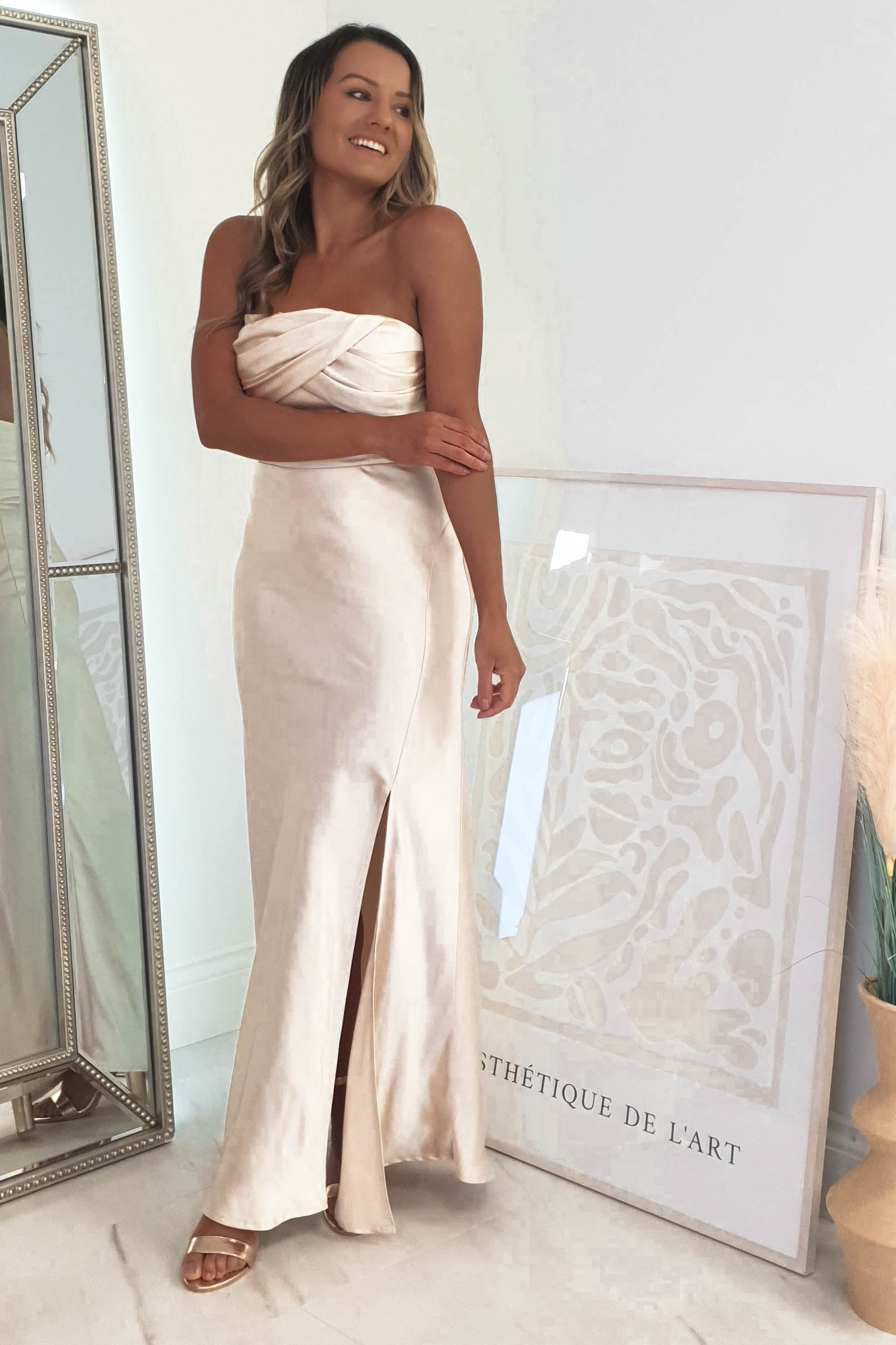 Everly Strapless Satin Midi Dress | Champange | Oh Hello Clothing | 6 (XS)