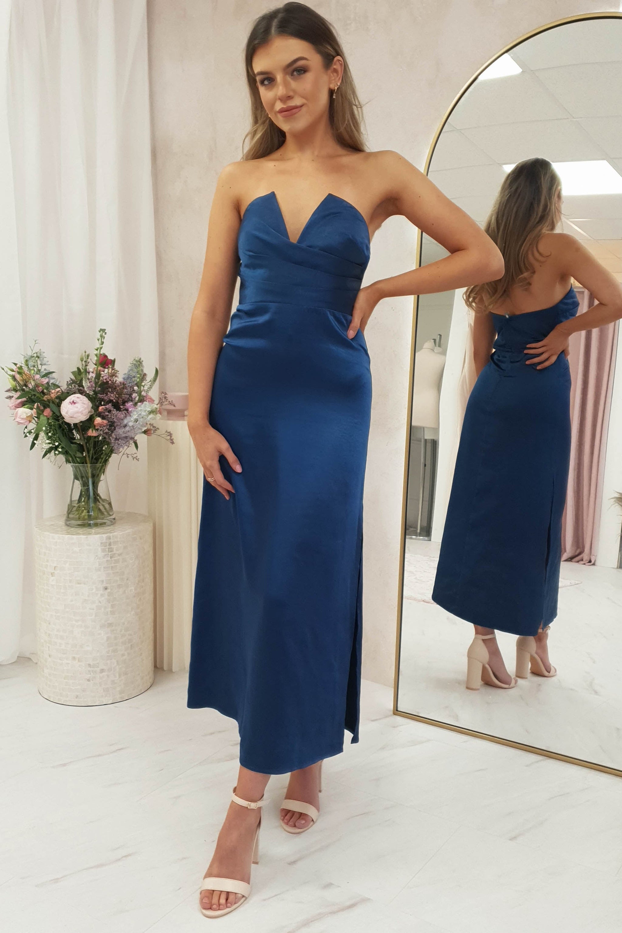 Satin Strapless Midi Dress