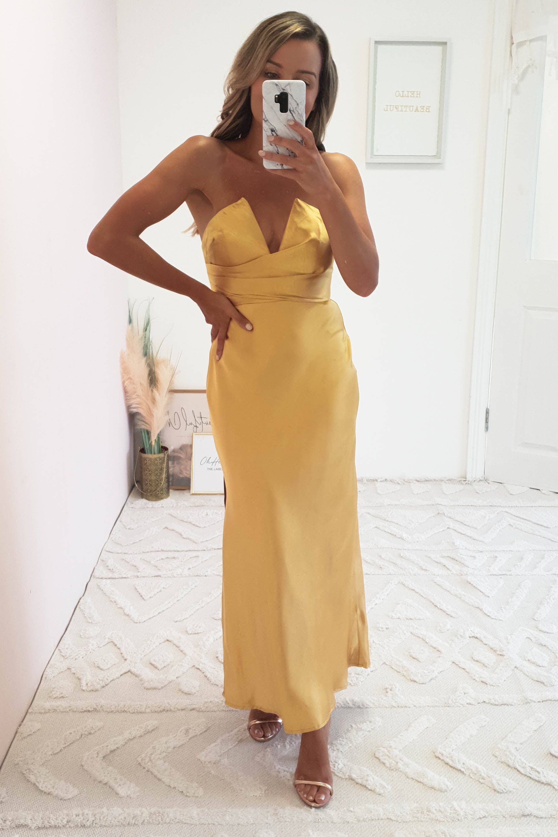 Louvre Strapless Satin Midi Dress | Yellow/Gold – Oh Hello Clothing Louvre Strapless Satin Midi Dress | Yellow/Gold – Oh Hello Clothing