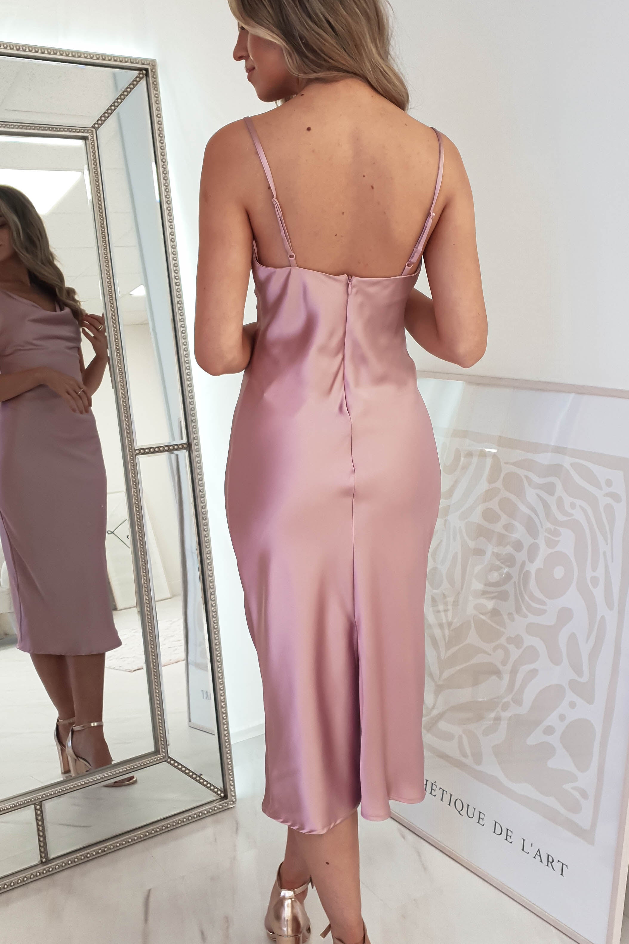 Natalie Satin Cowl Neck Midi Dress | Mauve | Oh Hello Clothing | XS (6)