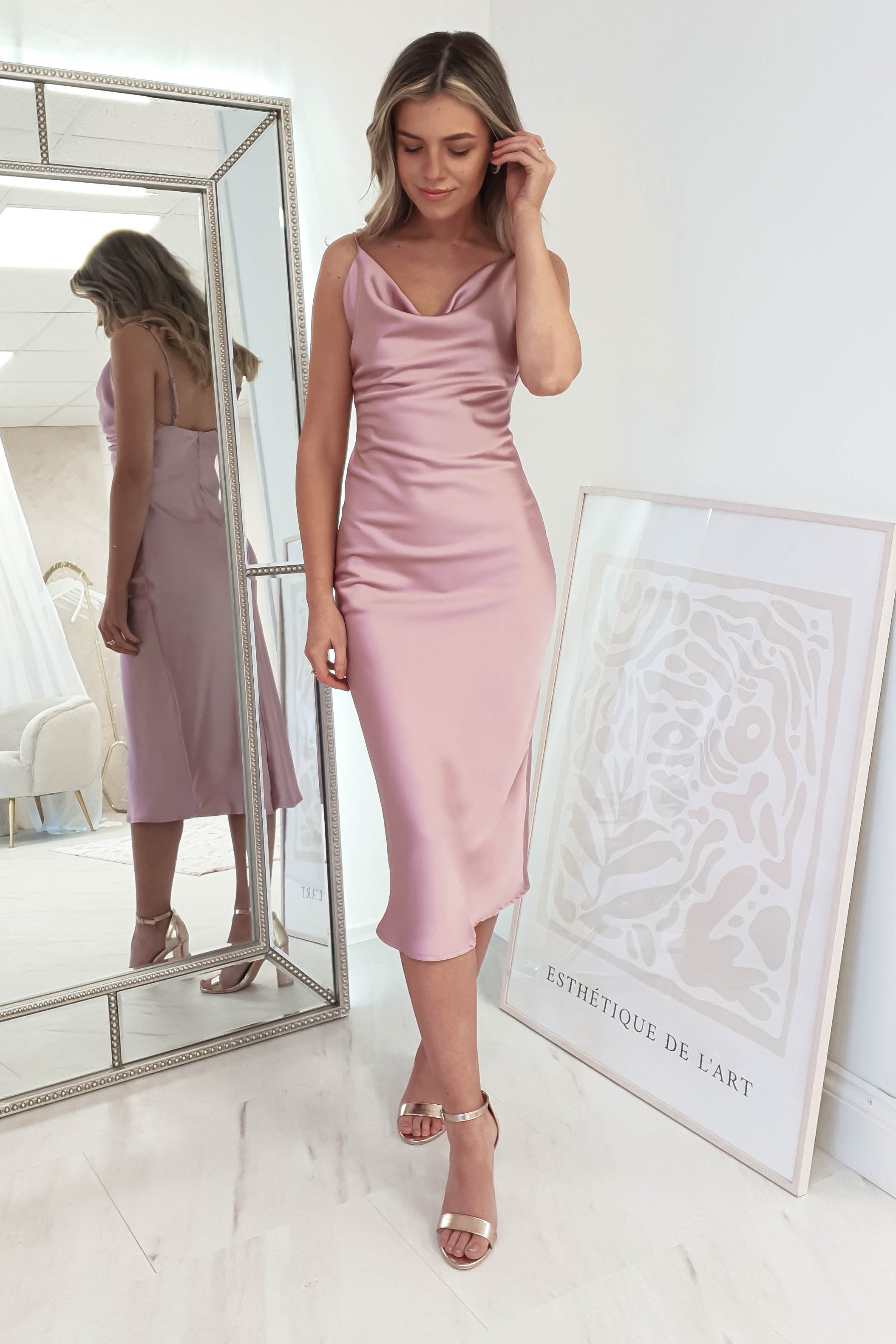 Natalie Satin Cowl Neck Midi Dress | Mauve | Oh Hello Clothing | XS (6)
