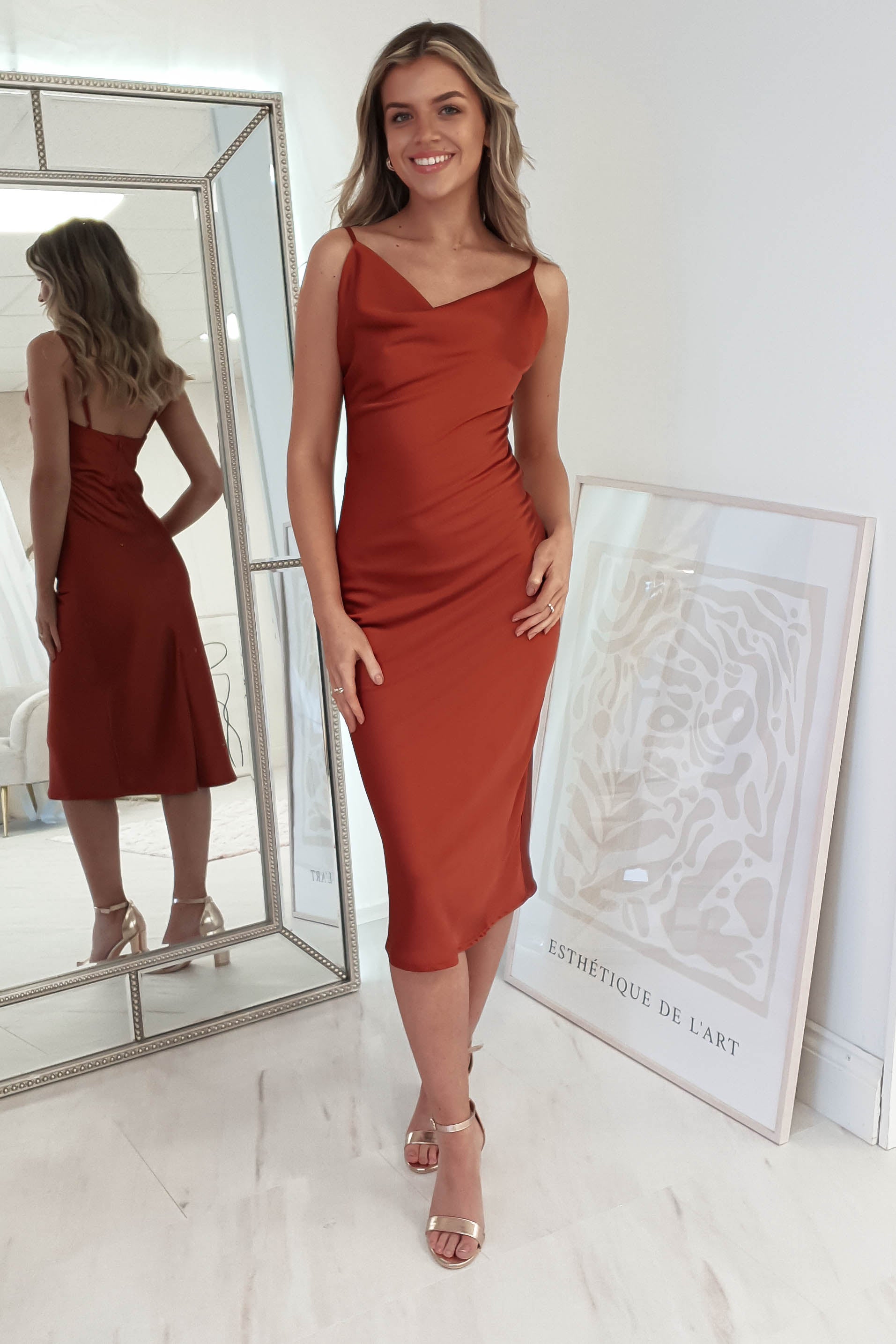 Natalie Satin Cowl Neck Midi Dress | Rust | Oh Hello Clothing | XS (6)