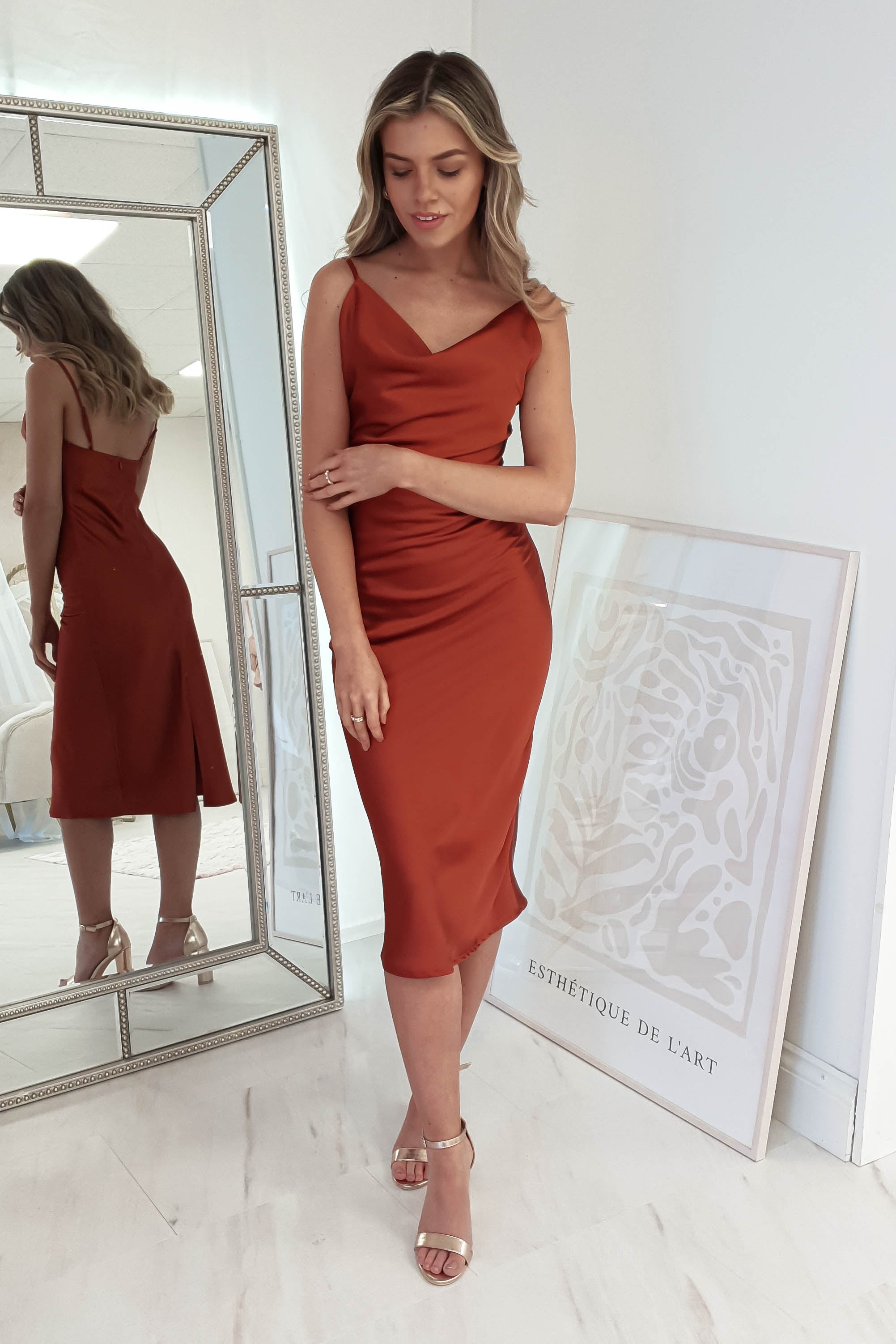 Natalie Satin Cowl Neck Midi Dress | Rust | Oh Hello Clothing | XS (6)