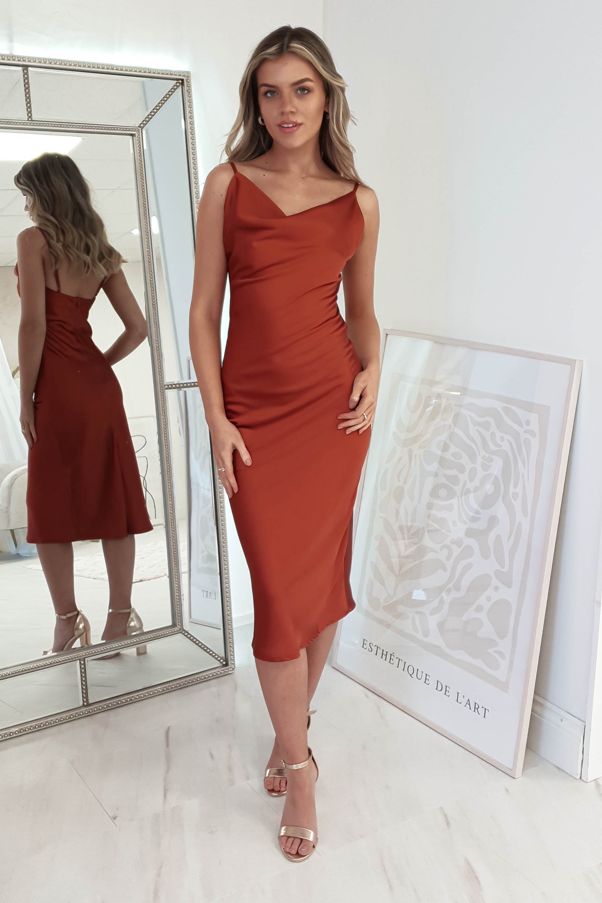 Natalie Satin Cowl Neck Midi Dress | Rust | Oh Hello Clothing | XS (6)