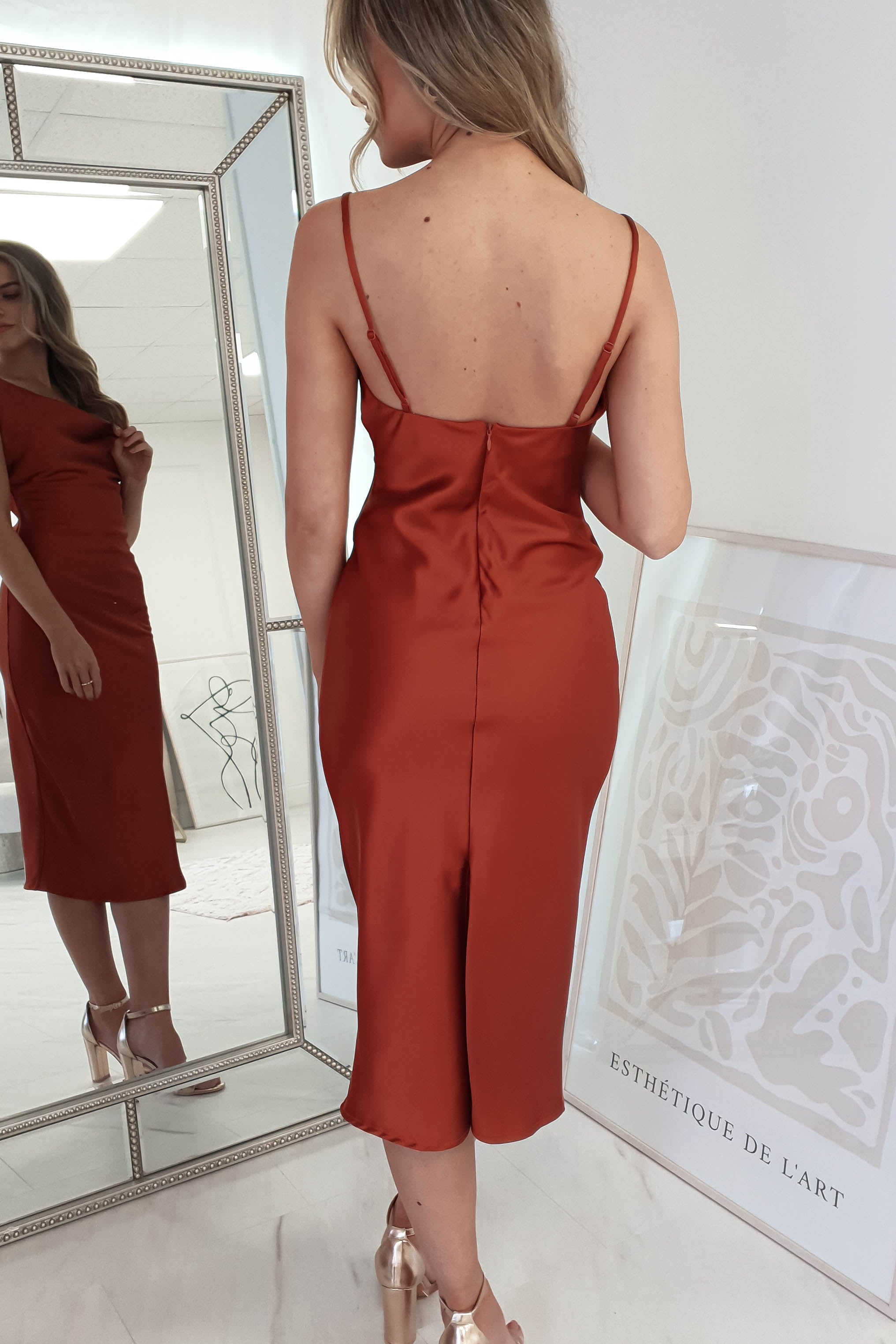 Natalie Satin Cowl Neck Midi Dress | Rust | Oh Hello Clothing | XS (6)