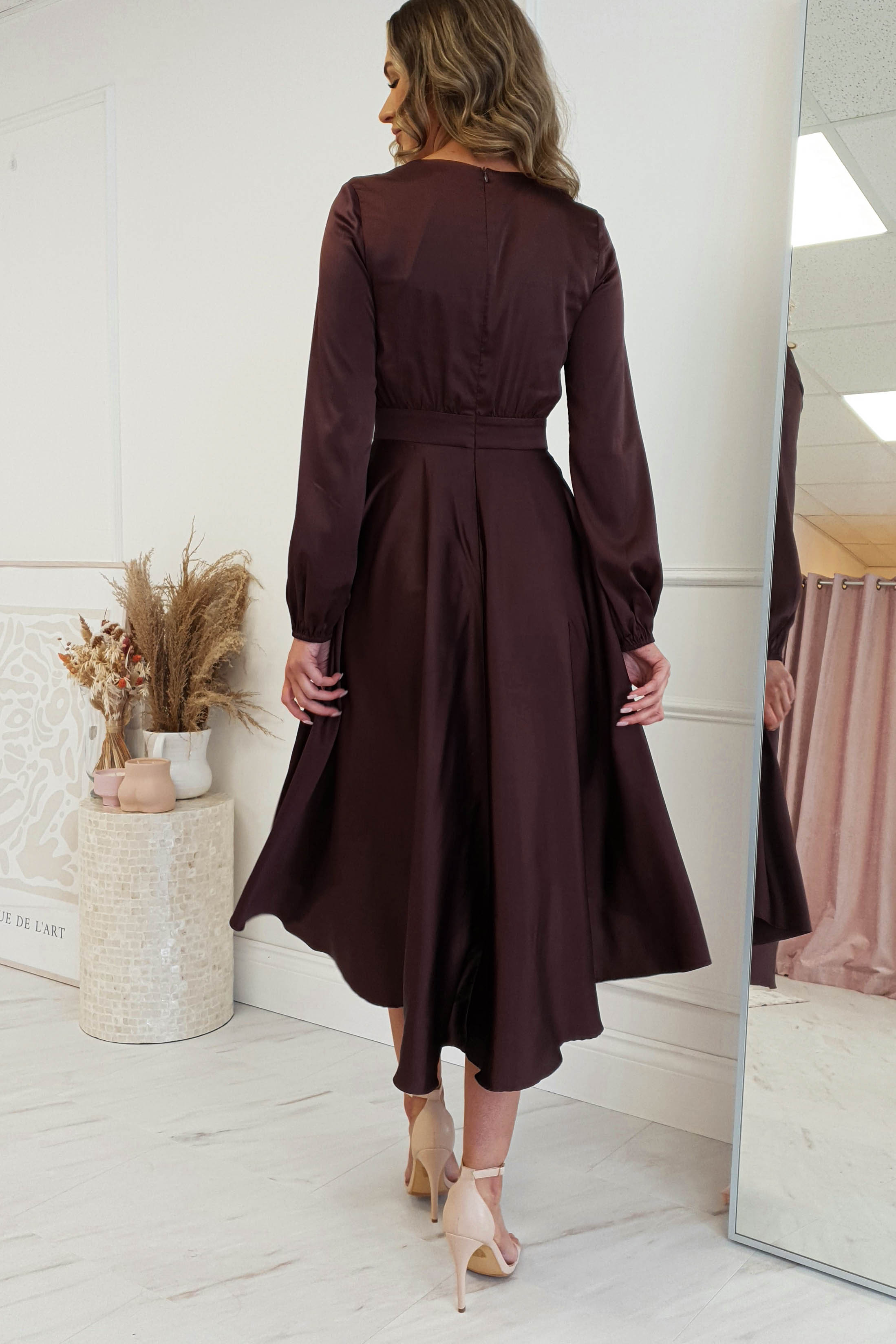 Nicola Satin Tie Front Midi Dress | Chocolate | Oh Hello Clothing | XS (6)