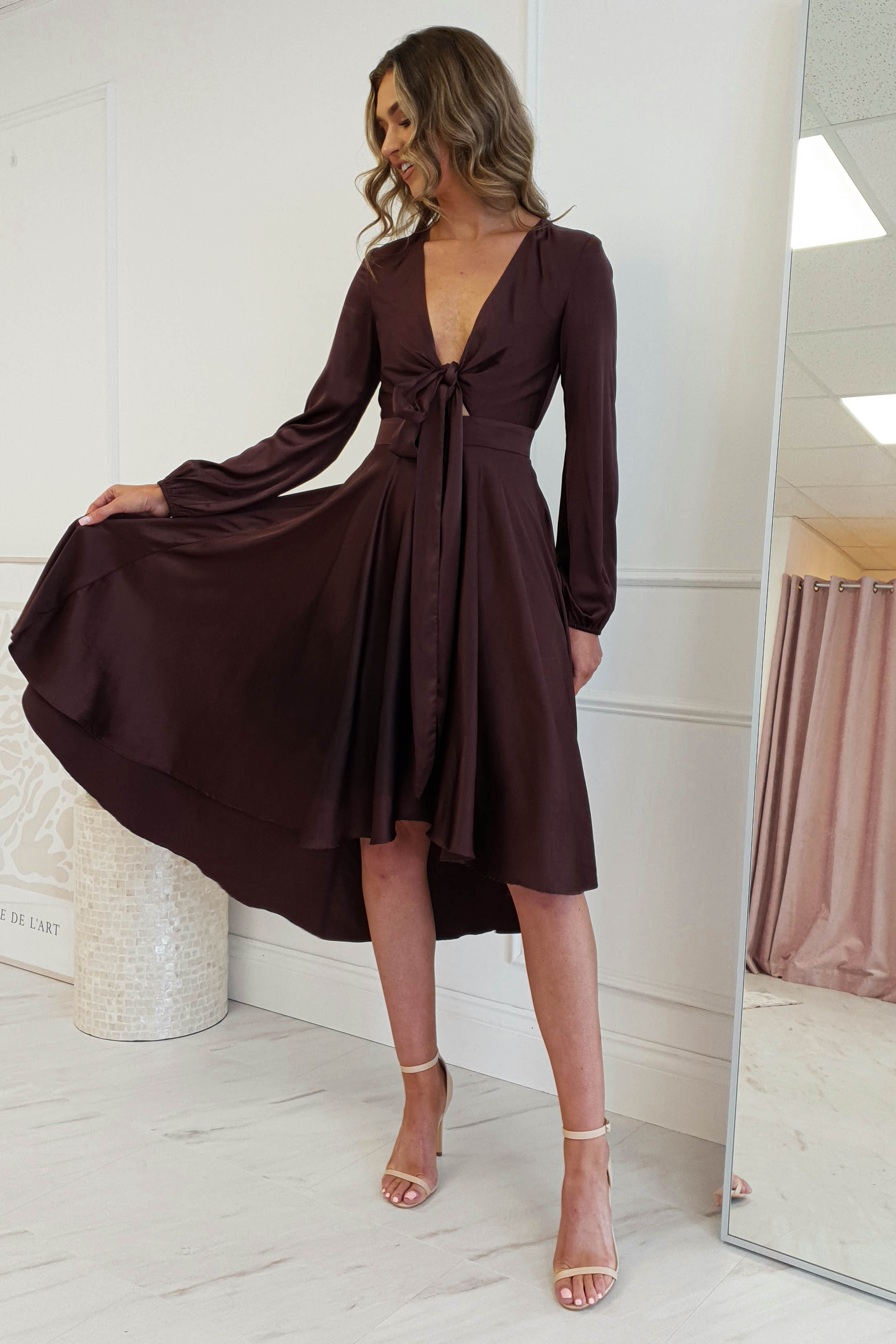 Nicola Satin Tie Front Midi Dress | Chocolate | Oh Hello Clothing | XS (6)