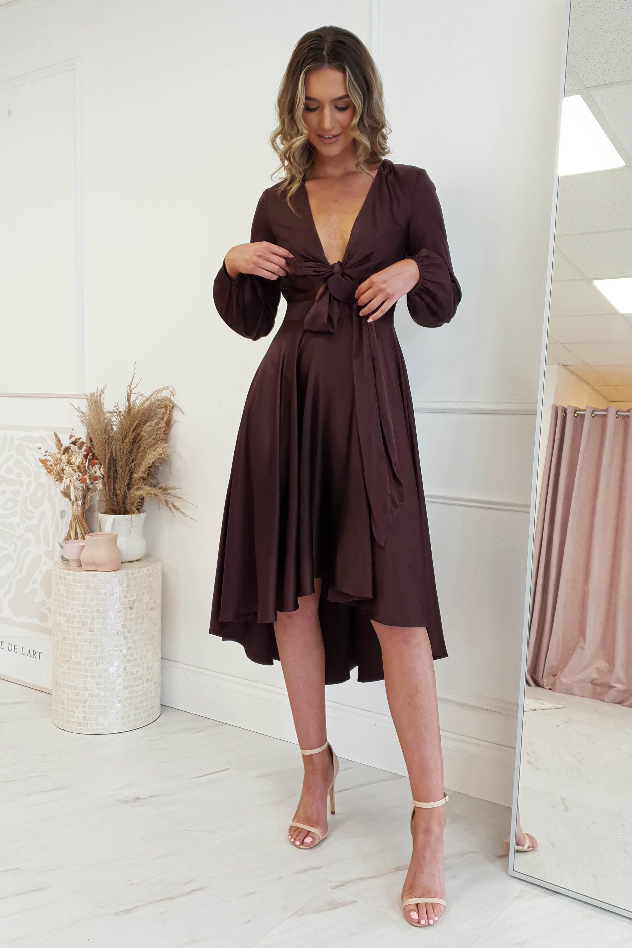 Nicola Satin Tie Front Midi Dress | Chocolate | Oh Hello Clothing | XS (6)