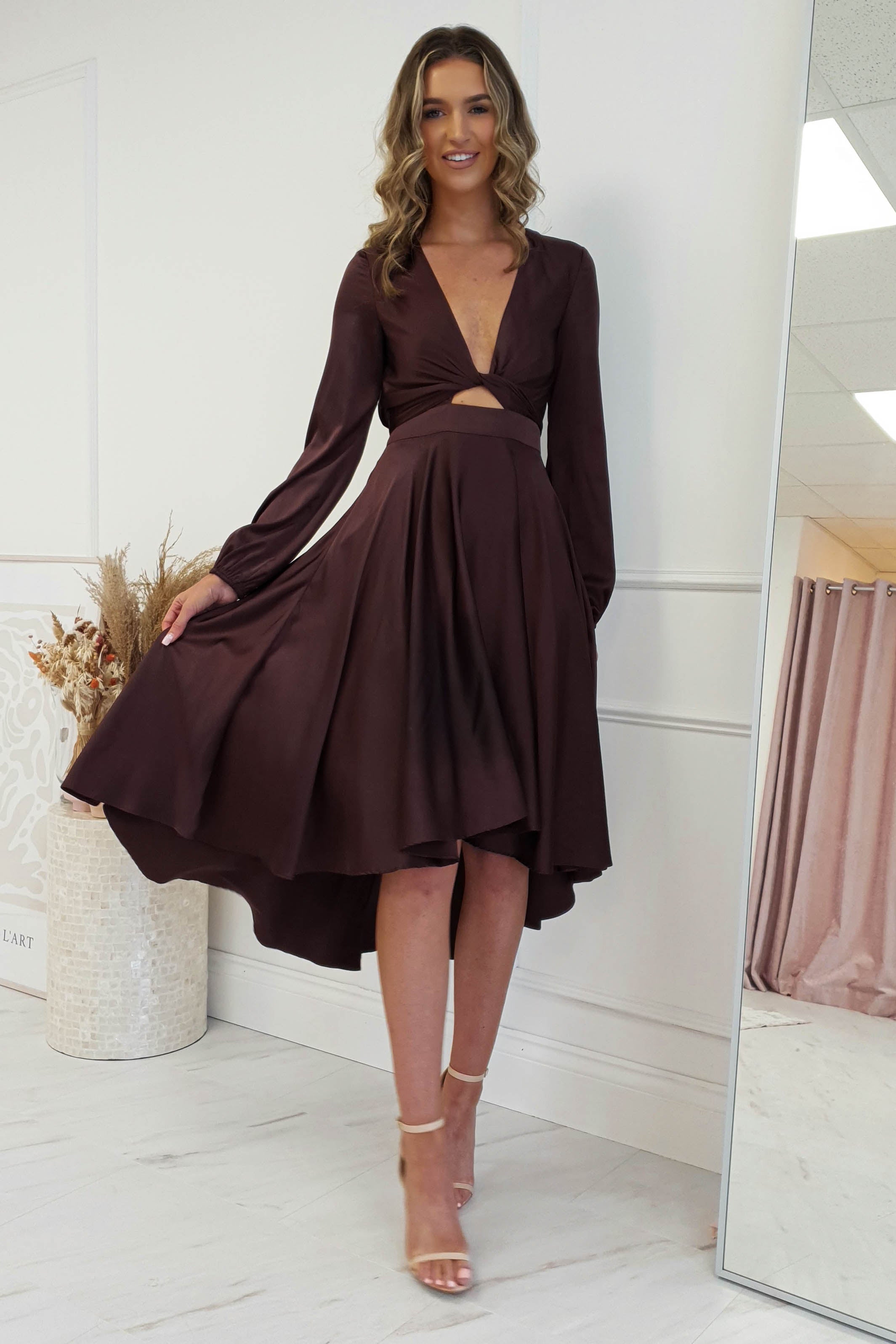 Nicola Satin Tie Front Midi Dress | Chocolate | Oh Hello Clothing | XS (6)