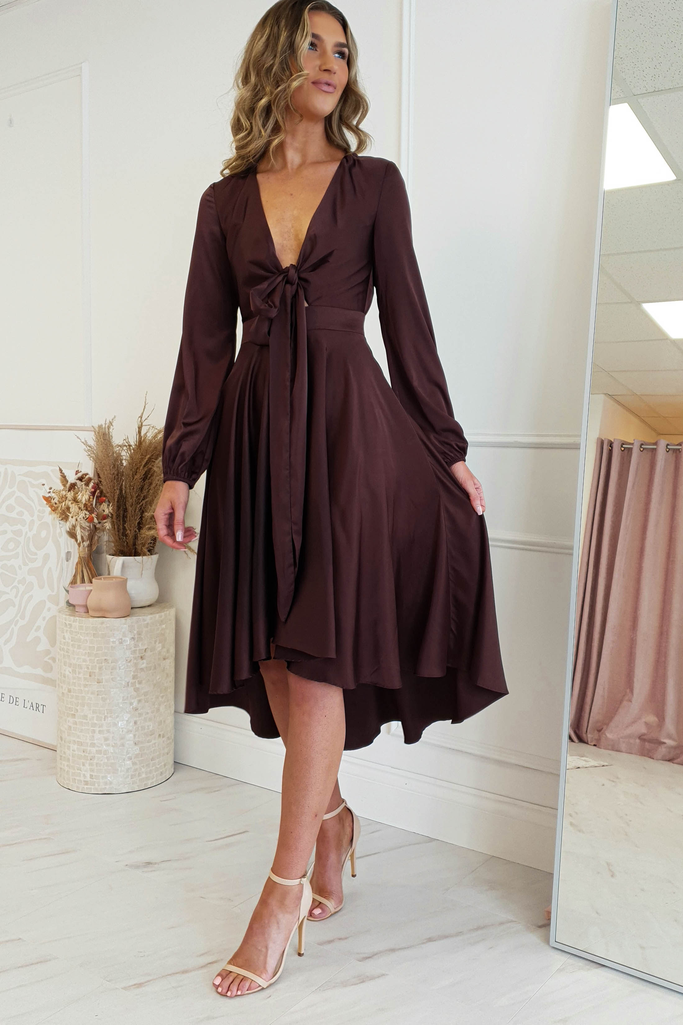 Nicola Satin Tie Front Midi Dress | Chocolate | Oh Hello Clothing | XS (6)