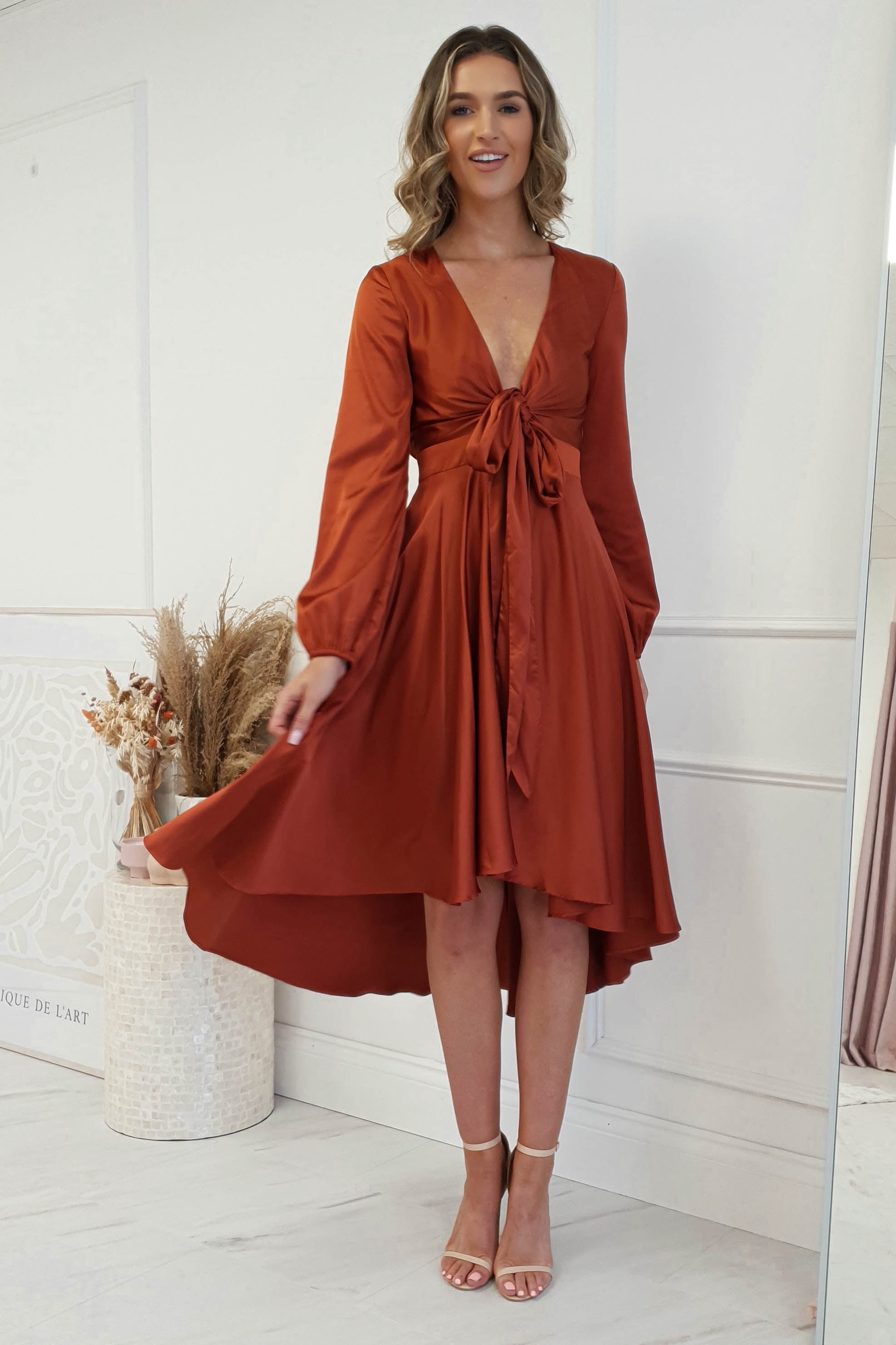 Nicola Satin Tie Front Midi Dress | Rust | Oh Hello Clothing | XS (6)
