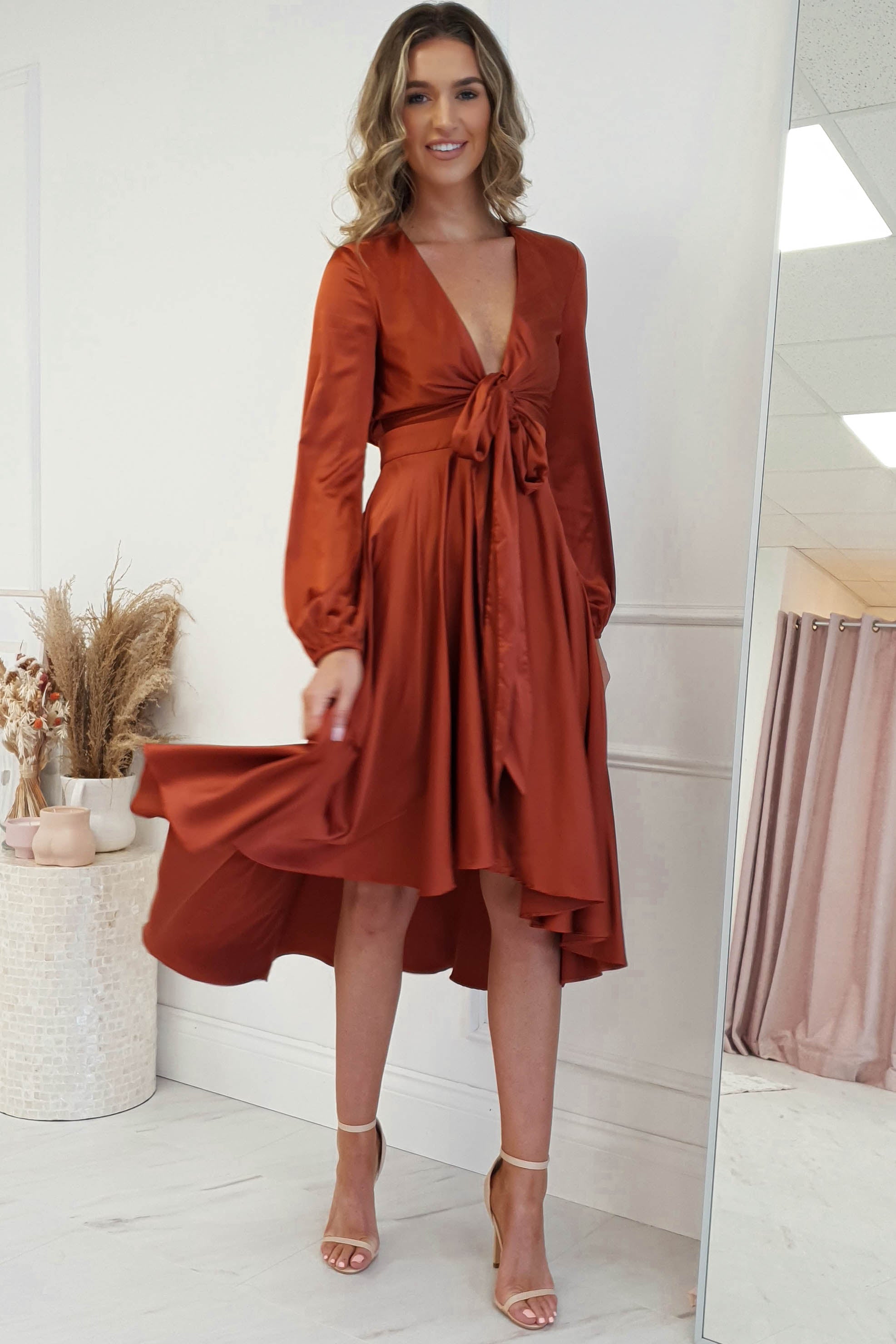 Nicola Satin Tie Front Midi Dress | Rust | Oh Hello Clothing | XS (6)