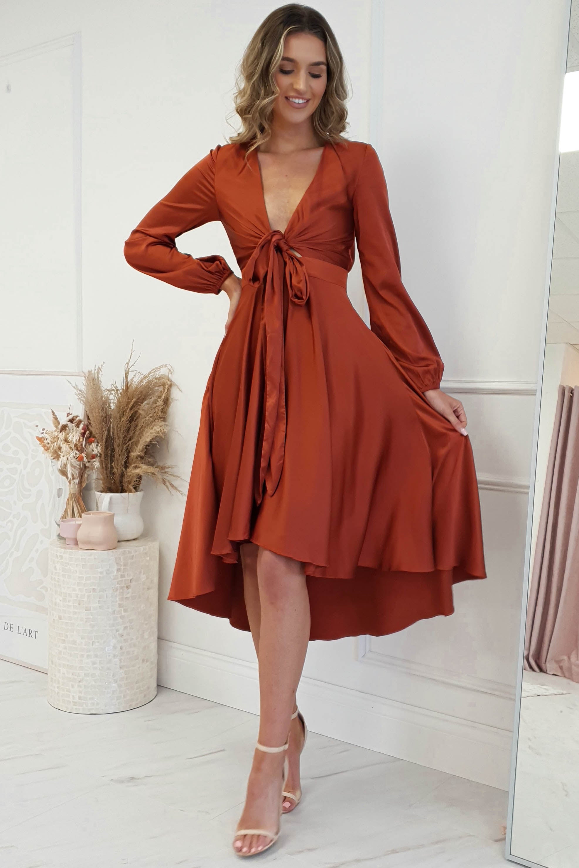 Nicola Satin Tie Front Midi Dress | Rust | Oh Hello Clothing | XS (6)