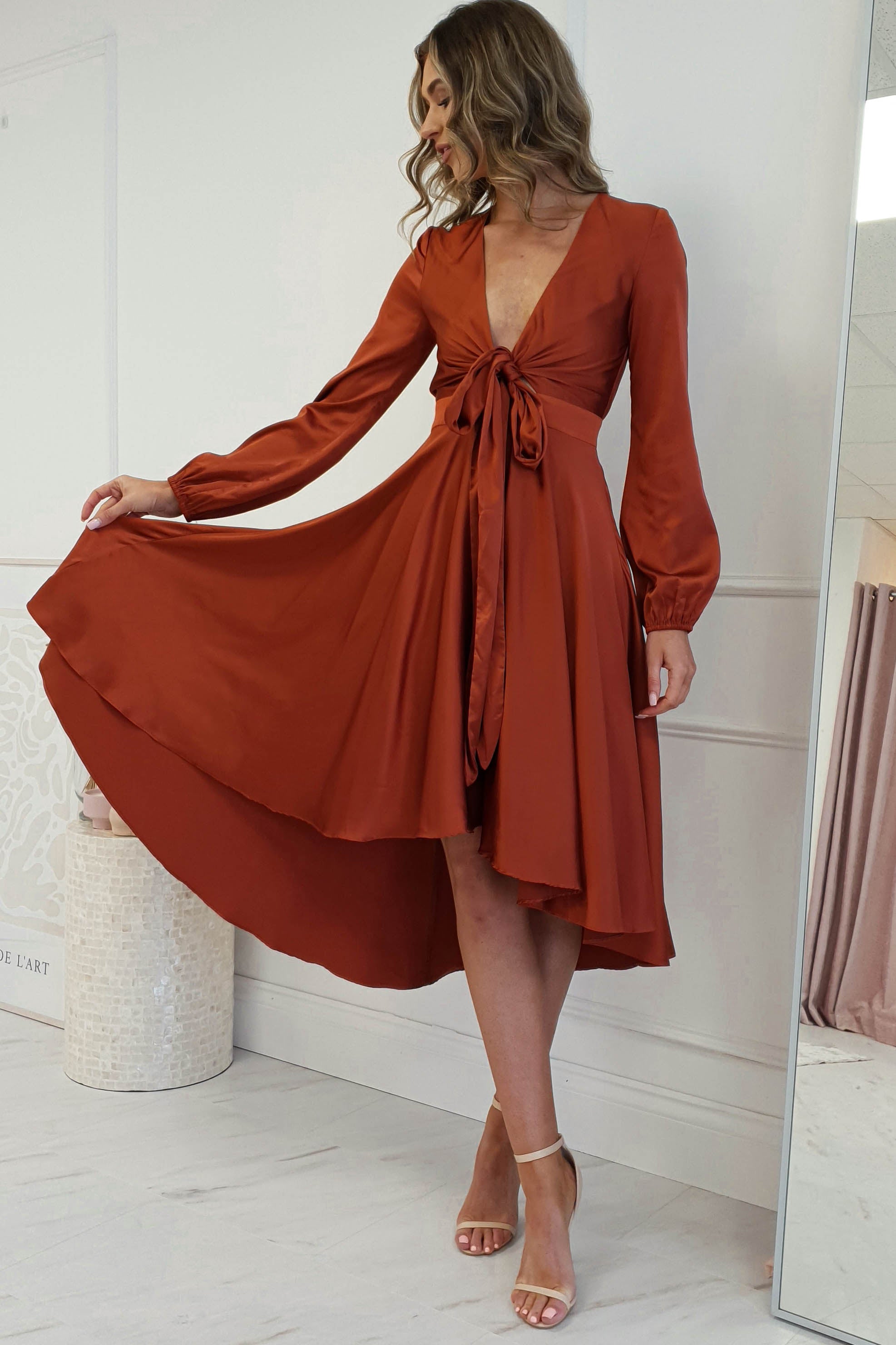 Nicola Satin Tie Front Midi Dress | Rust | Oh Hello Clothing | XS (6)