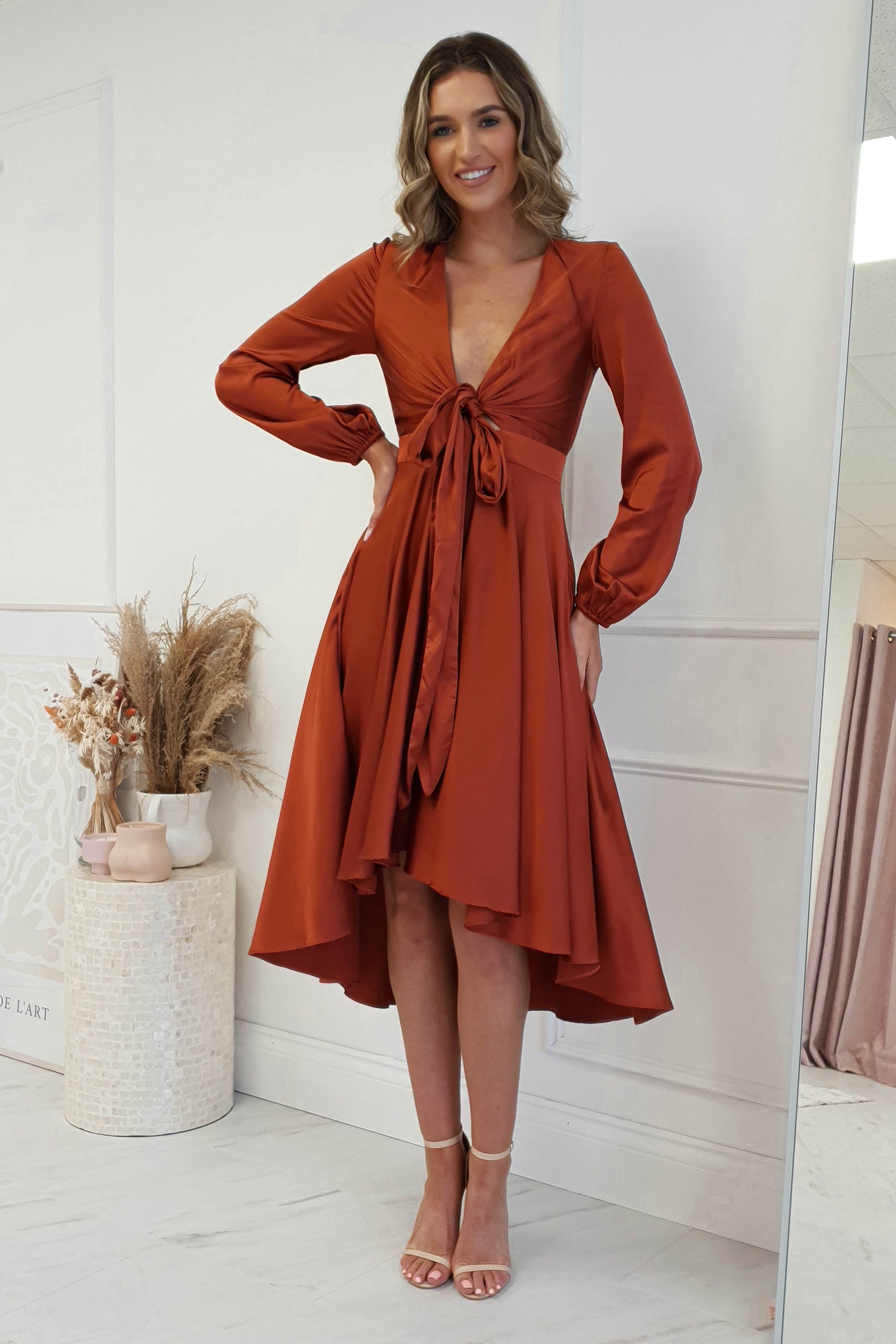 Nicola Satin Tie Front Midi Dress | Rust | Oh Hello Clothing | XS (6)