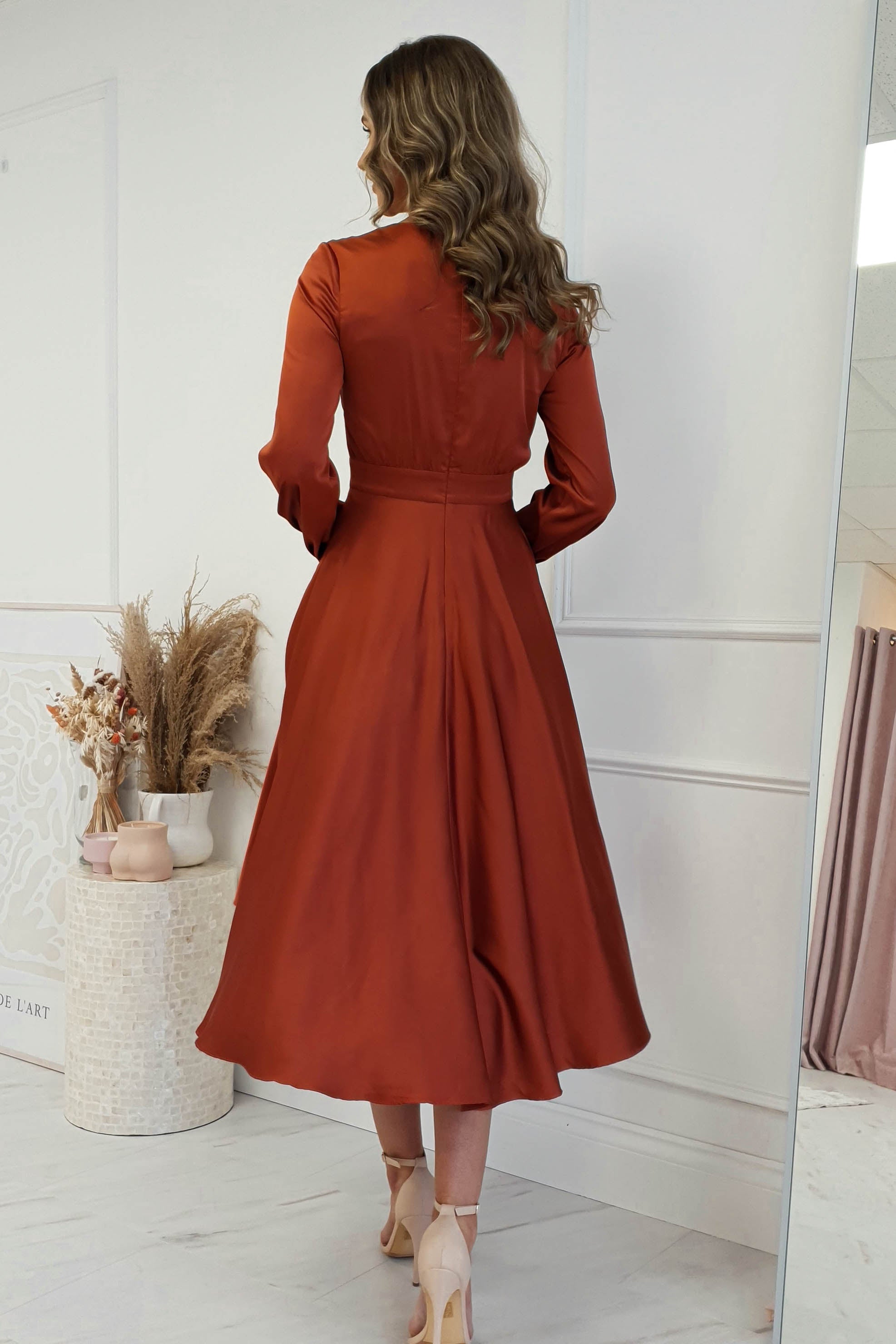 Nicola Satin Tie Front Midi Dress | Rust | Oh Hello Clothing | XS (6)